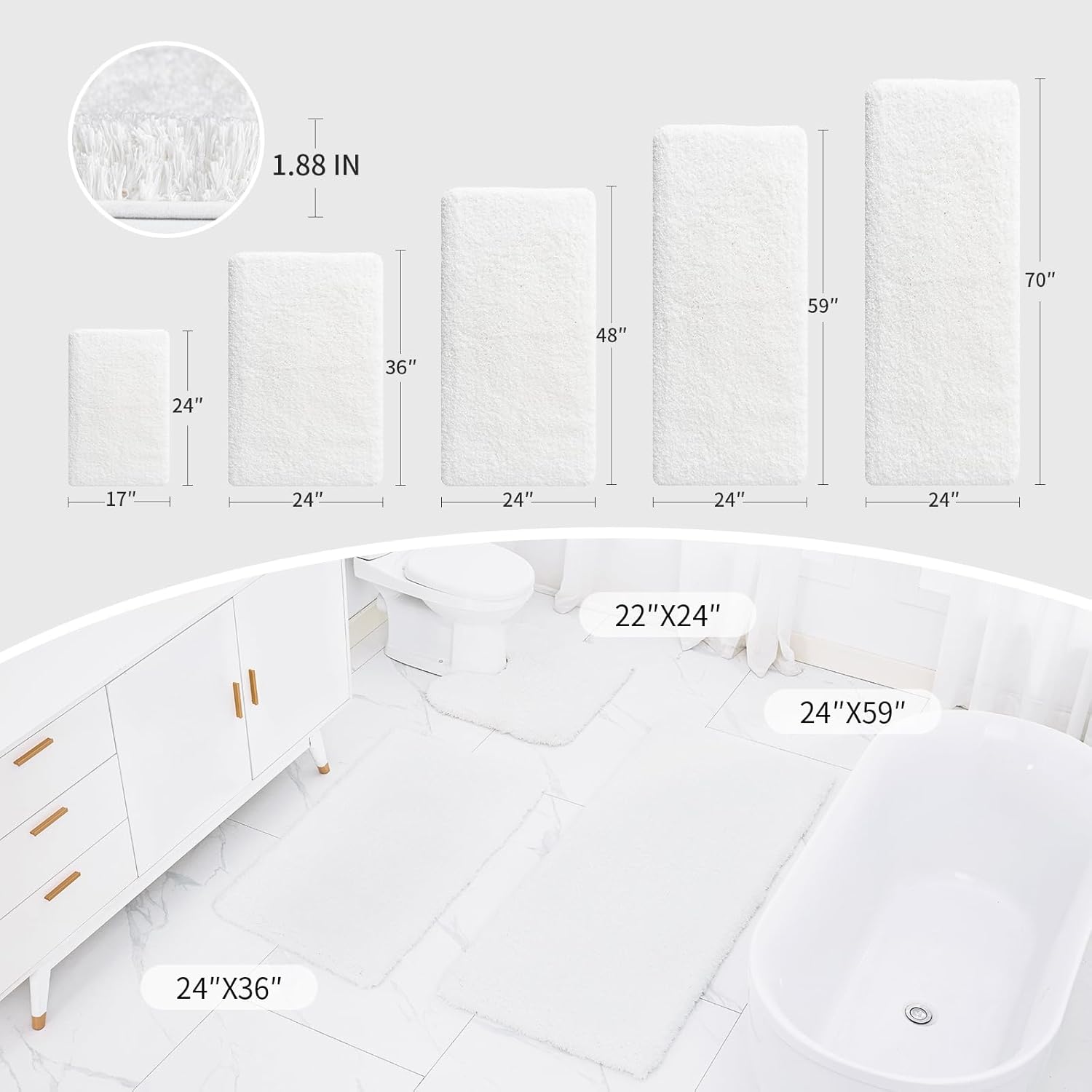 White Bathroom Rug 20x32 Non Slip Fluffy Bath Mat for Bathroom Floor Washable Plush Luxury Bath Rug for Tub Soft Shaggy Absorbent Shower Sink Mat