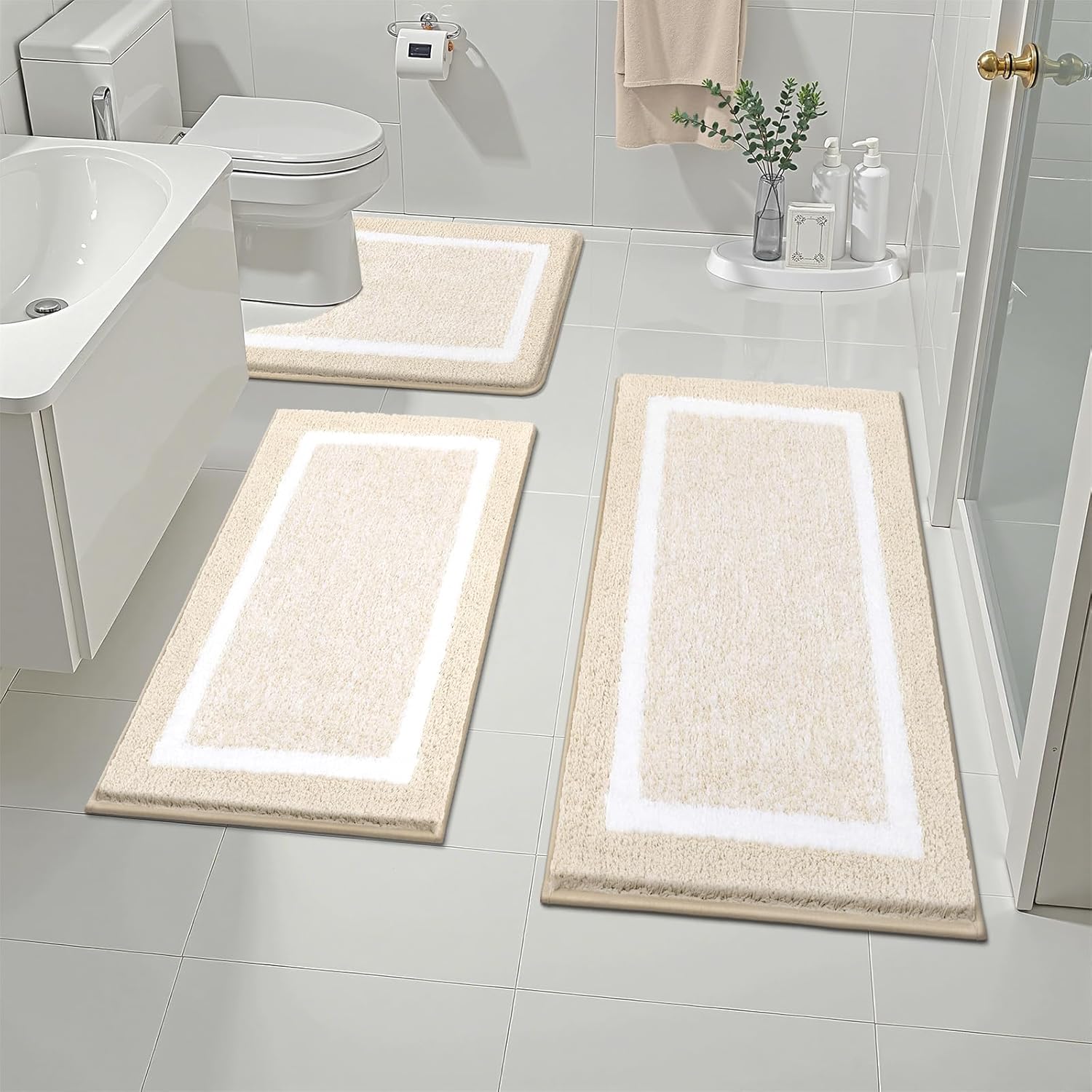Pauwer Bathroom Rug Mat Set 3 Piece, Microfiber Shaggy Bath Set, Non-Slip Ultra Soft Carpet Mats, Absorbent with U-Shaped Toilet for Bathroom, Tub, Shower, Dark Grey
