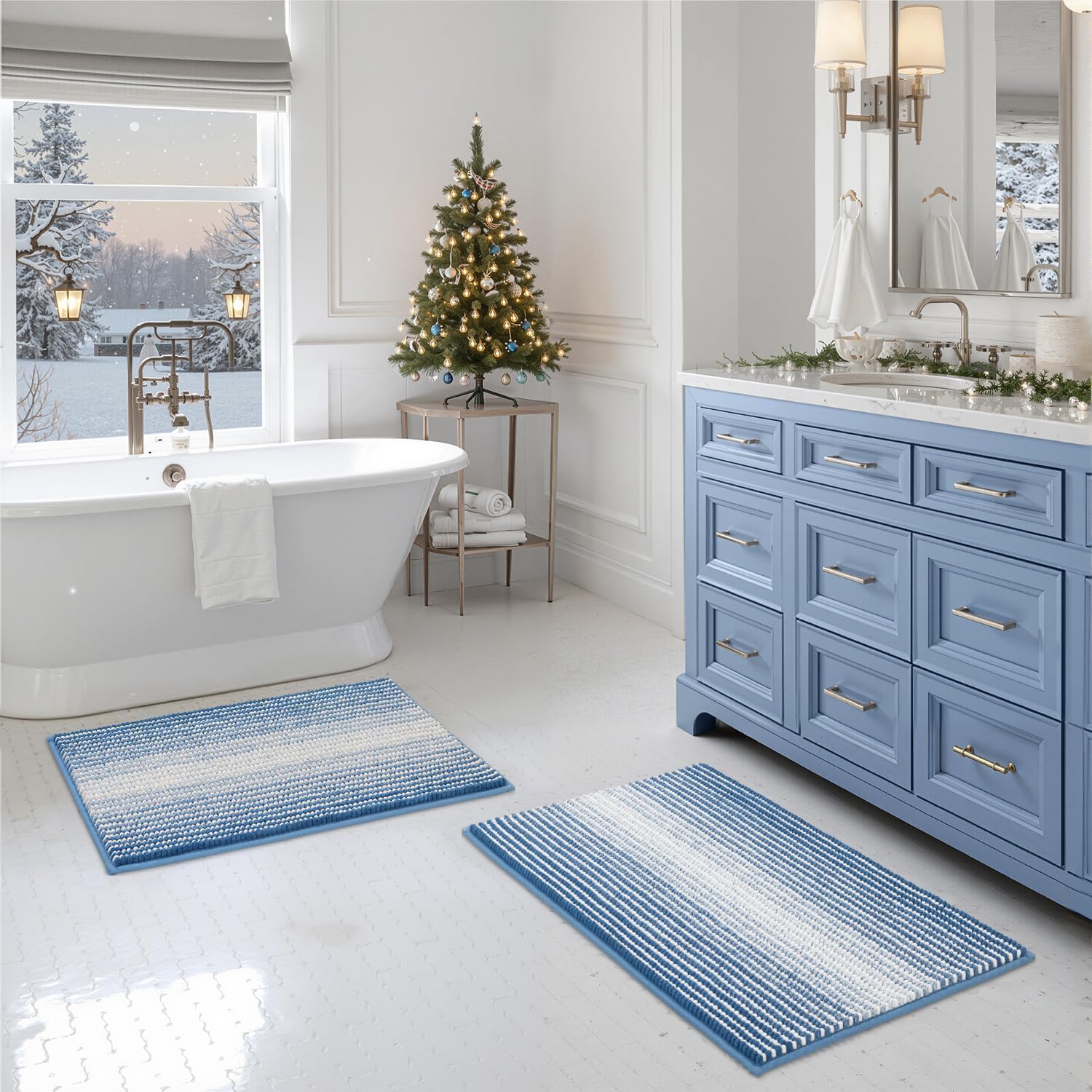 BSICPRO Bathroom Rugs and Mats Sets, 2 Piece Thick Absorbent Chenille Bath Mat Rug Set Non Slip, Soft Shaggy Bath Floor Mats for Bathroom, Machine Washable (20" x 47" Plus 16" x 24", Beige)