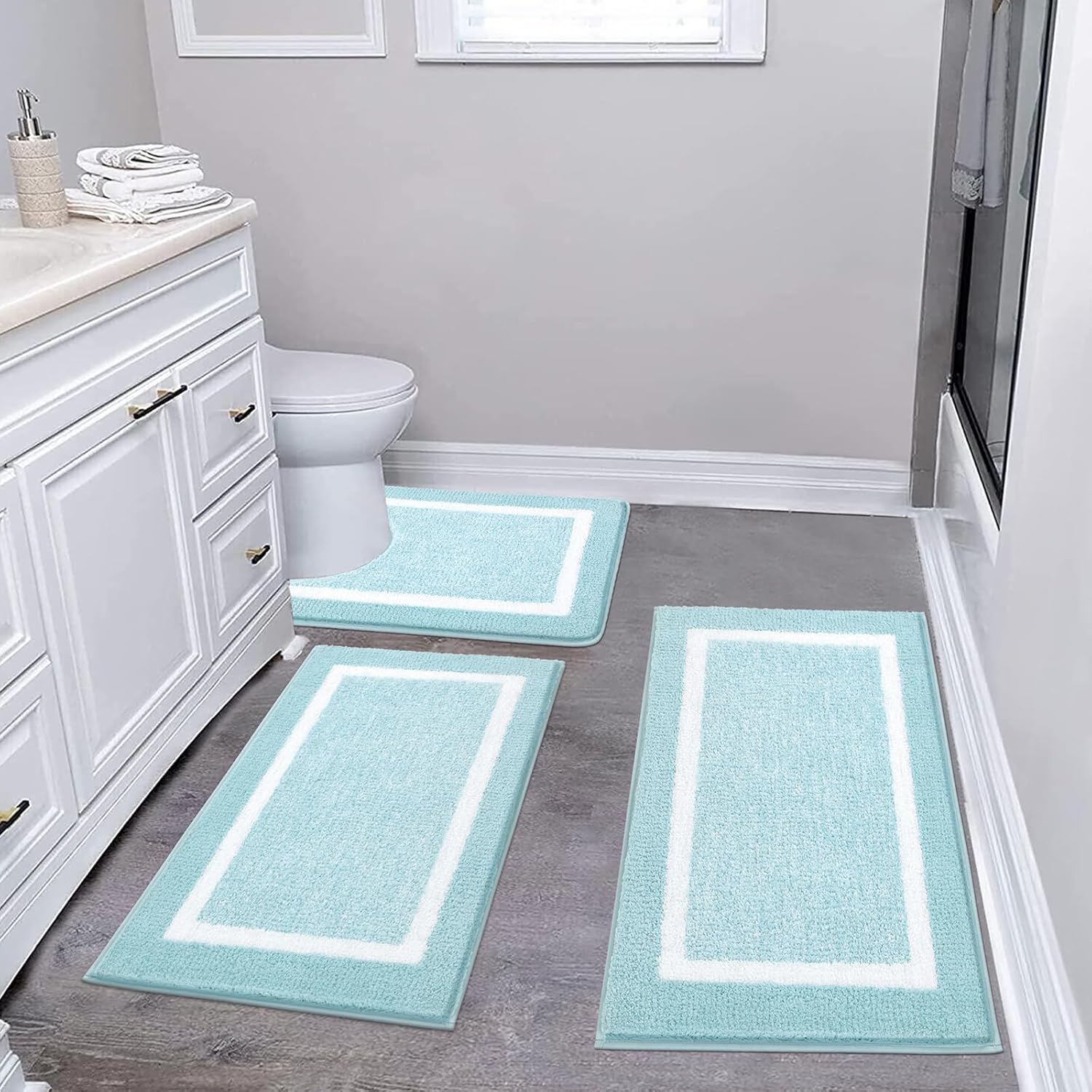 Pauwer Bathroom Rug Mat Set 3 Piece, Microfiber Shaggy Bath Set, Non-Slip Ultra Soft Carpet Mats, Absorbent with U-Shaped Toilet for Bathroom, Tub, Shower, Dark Grey