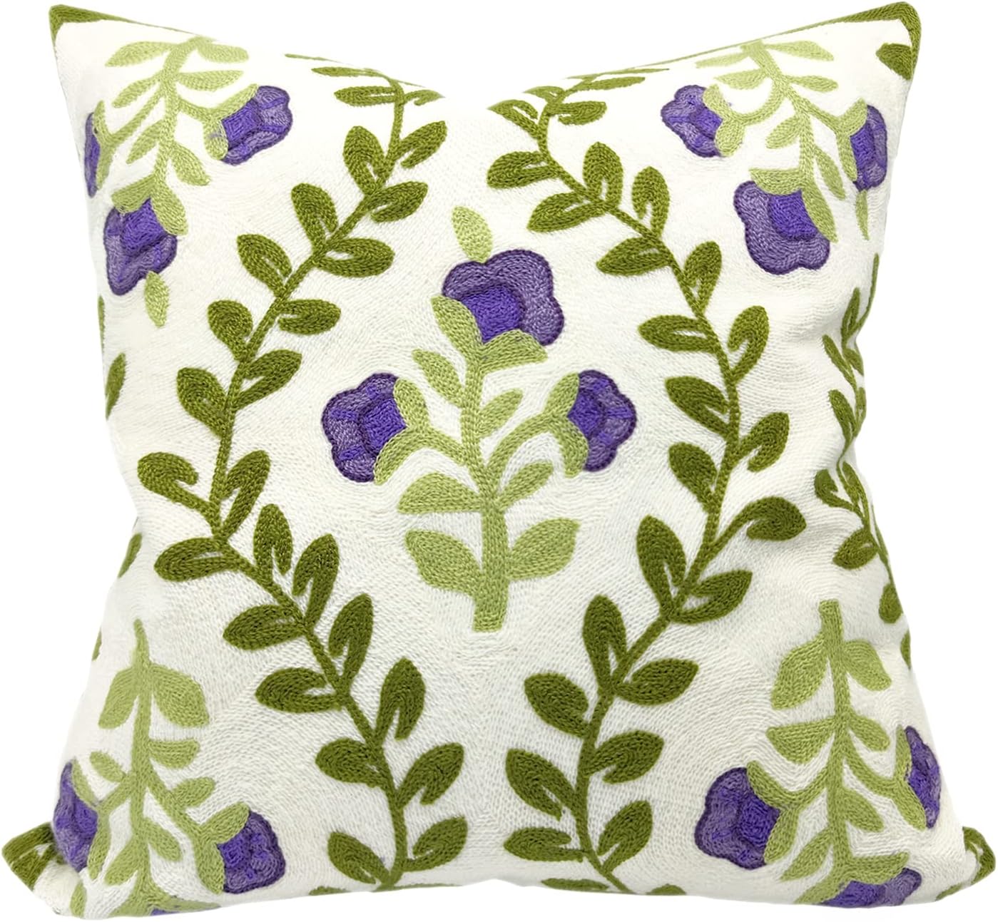 Alysheer Floral Embroidered Summer Decorative Throw Pillow Covers 20"x 20" Set of 2, Farmhouse Cottage Navy Blue Green Flowers Leaves Knit Pattern Cotton Canvas Cushion Case for Couch Bed Living Room