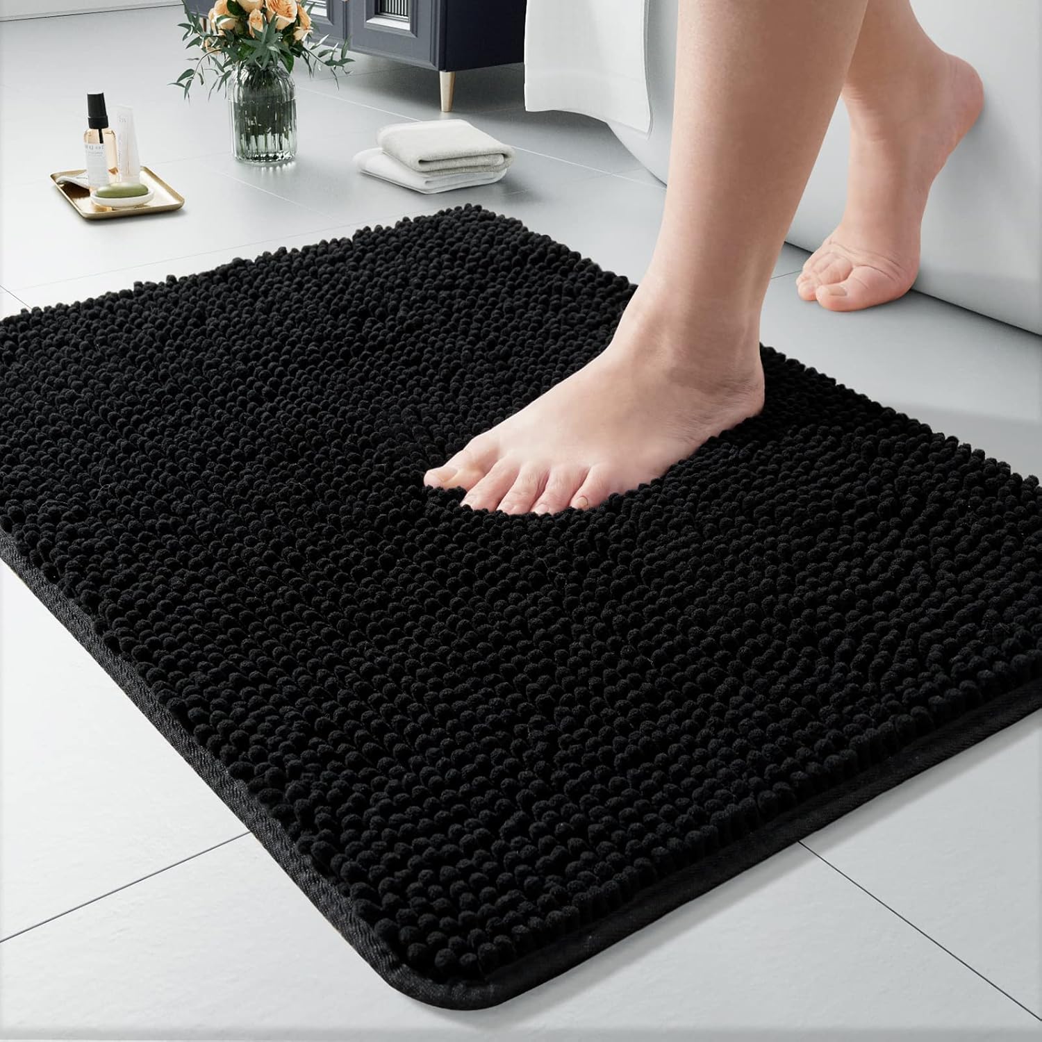 LOCHAS Luxury Bathroom Rug Shaggy Bath Mat 24 x 60 Inch, Washable Non Slip Bath Rugs for Bathroom Shower, Soft Plush Chenille Absorbent Carpets Mats, Gray