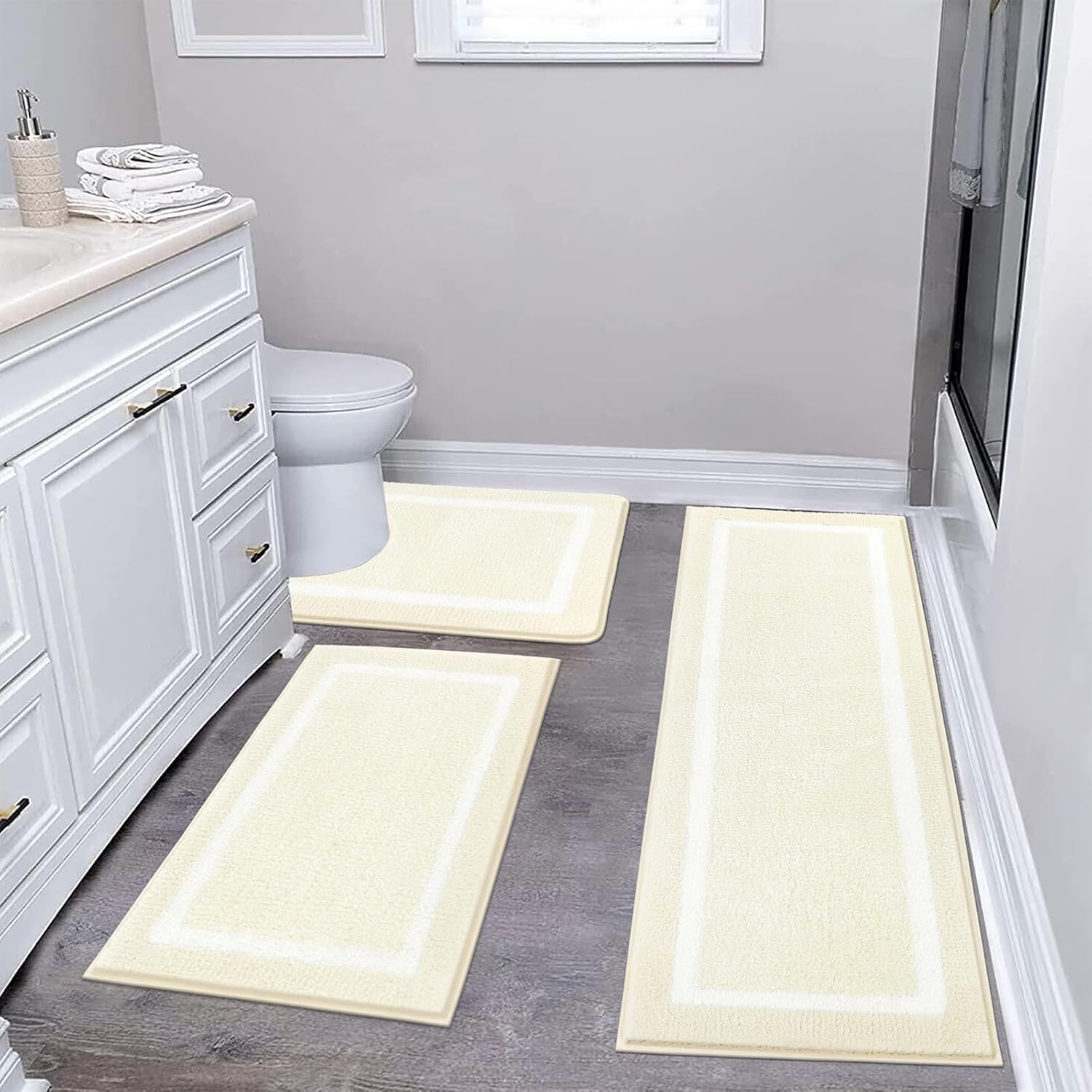 Pauwer Bathroom Rug Mat Set 3 Piece, Microfiber Shaggy Bath Set, Non-Slip Ultra Soft Carpet Mats, Absorbent with U-Shaped Toilet for Bathroom, Tub, Shower, Dark Grey