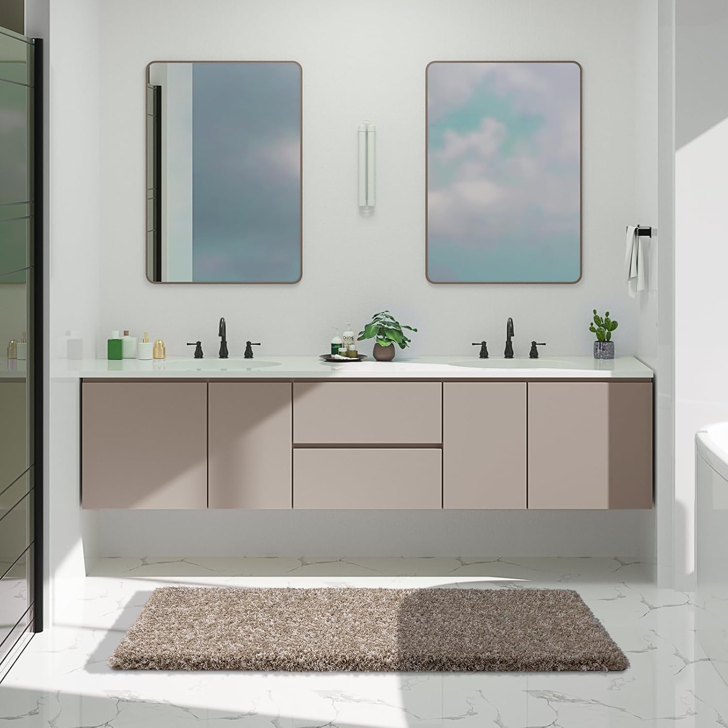 Yimobra Bathroom Rugs Non Slip Washable 36x24, Ultra Soft and Water Absorbent Bath Mats, Plush Fluffy Shower Mat Outside, Luxury Microfiber Thick Matts for Bathroom Floor/Tub, Light Gray and White