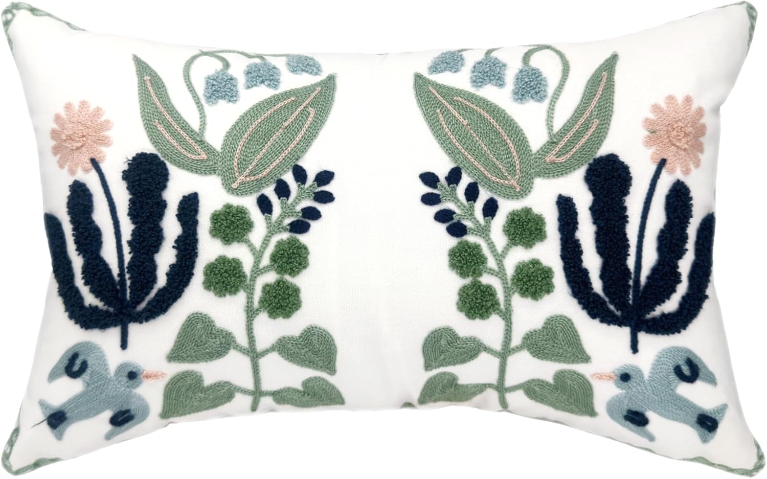 Alysheer Floral Embroidered Summer Decorative Throw Pillow Covers 20"x 20" Set of 2, Farmhouse Cottage Navy Blue Green Flowers Leaves Knit Pattern Cotton Canvas Cushion Case for Couch Bed Living Room