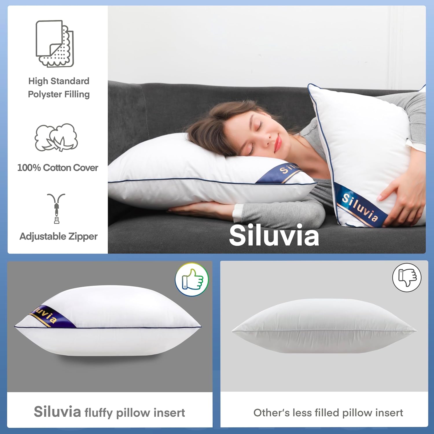 Siluvia Euro Pillows 26x26 Pillow Inserts Set of 2 Square Throw 26 Pillow with 100% Cotton Cover for Sofa, Couch, and Bed - White