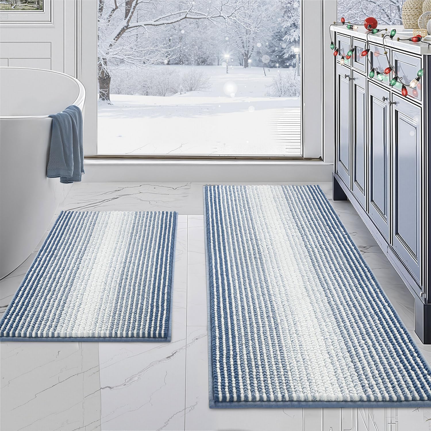 BSICPRO Bathroom Rugs and Mats Sets, 2 Piece Thick Absorbent Chenille Bath Mat Rug Set Non Slip, Soft Shaggy Bath Floor Mats for Bathroom, Machine Washable (20" x 47" Plus 16" x 24", Beige)