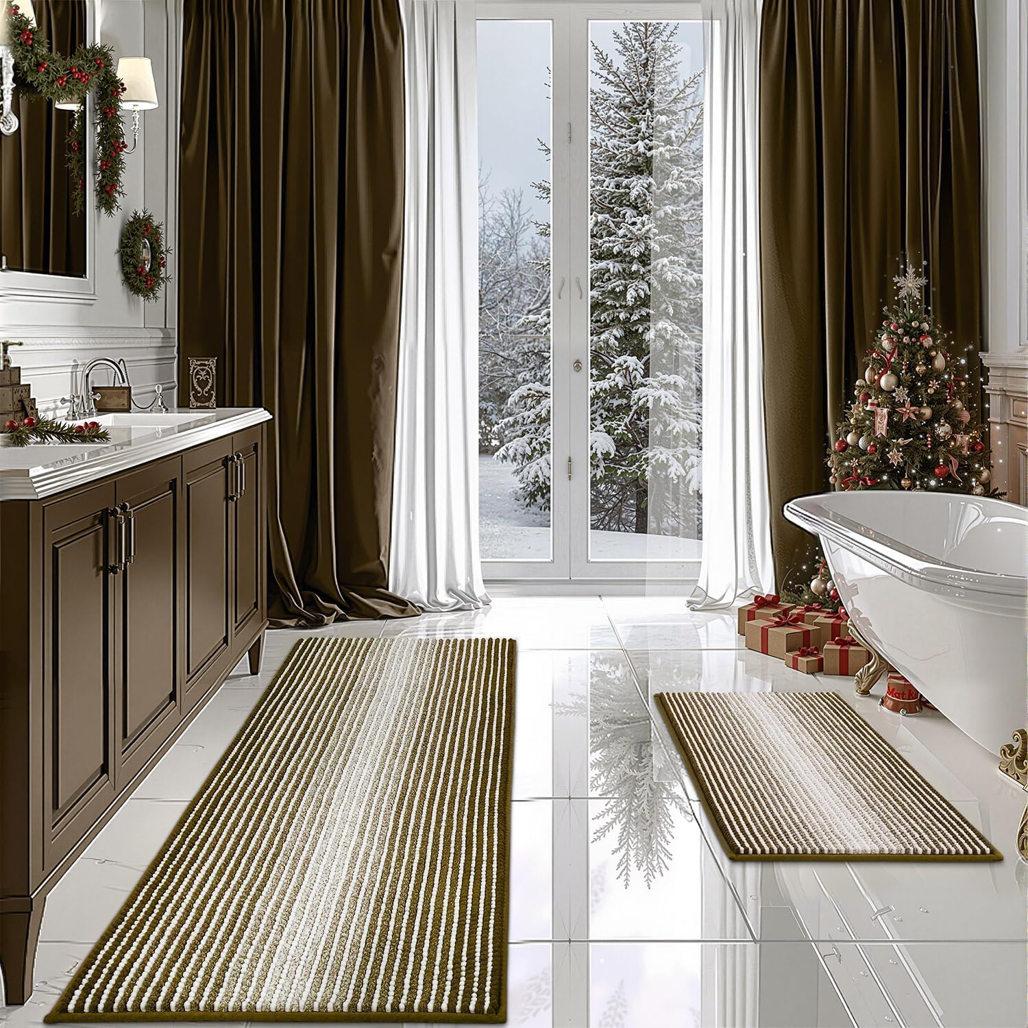 BSICPRO Bathroom Rugs and Mats Sets, 2 Piece Thick Absorbent Chenille Bath Mat Rug Set Non Slip, Soft Shaggy Bath Floor Mats for Bathroom, Machine Washable (20" x 47" Plus 16" x 24", Beige)