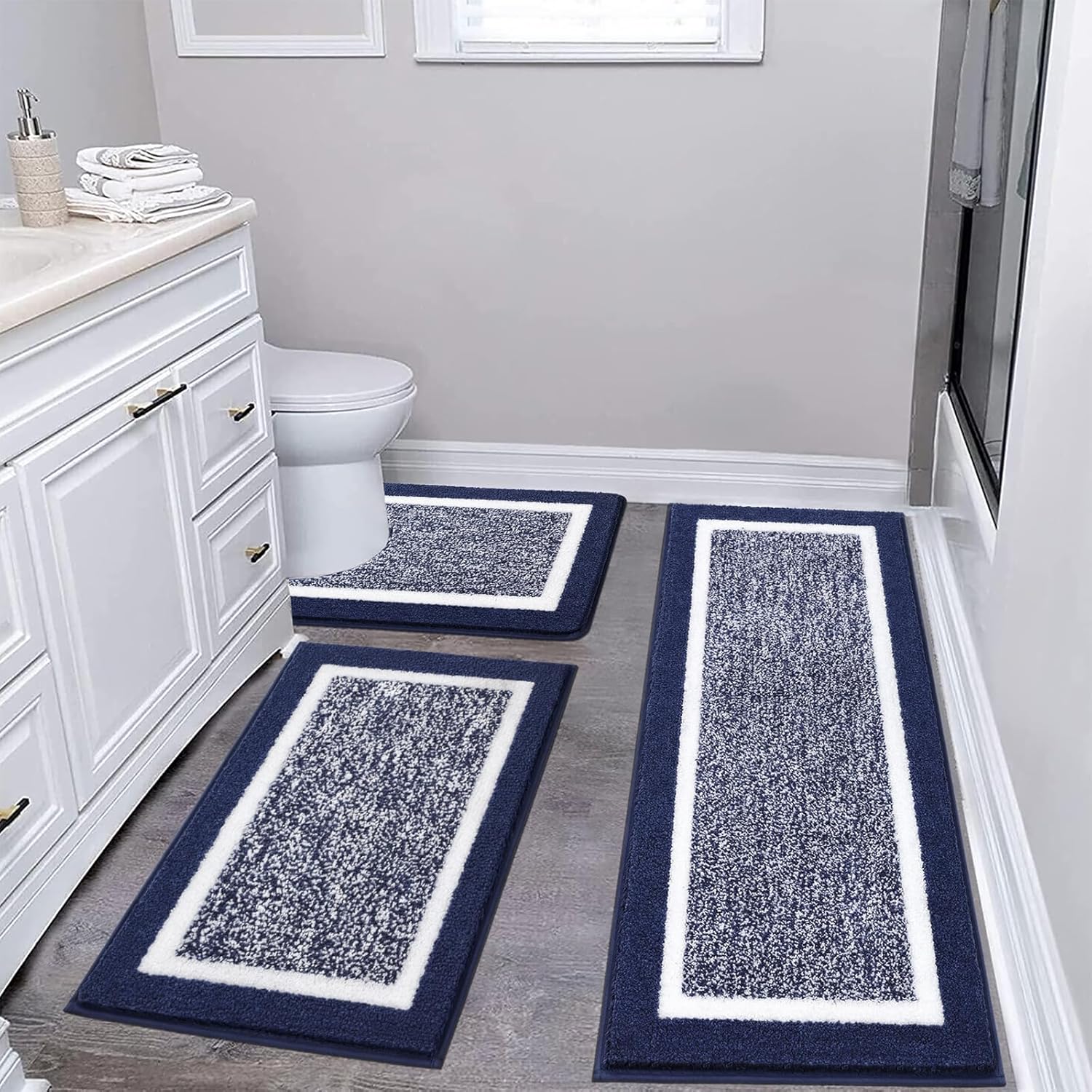 Pauwer Bathroom Rug Mat Set 3 Piece, Microfiber Shaggy Bath Set, Non-Slip Ultra Soft Carpet Mats, Absorbent with U-Shaped Toilet for Bathroom, Tub, Shower, Dark Grey