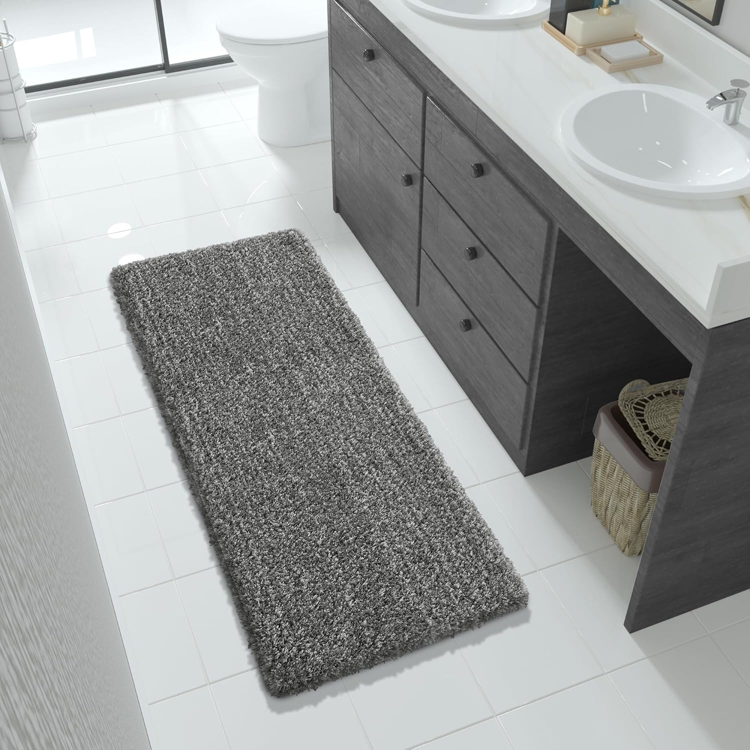 Yimobra Bathroom Rugs Non Slip Washable 36x24, Ultra Soft and Water Absorbent Bath Mats, Plush Fluffy Shower Mat Outside, Luxury Microfiber Thick Matts for Bathroom Floor/Tub, Light Gray and White