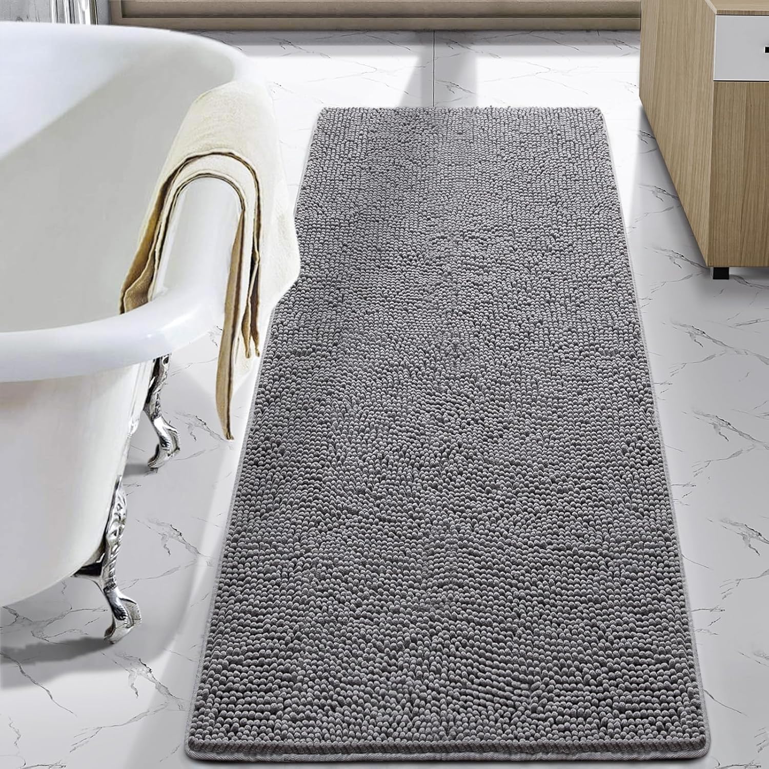 LOCHAS Luxury Bathroom Rug Shaggy Bath Mat 24 x 60 Inch, Washable Non Slip Bath Rugs for Bathroom Shower, Soft Plush Chenille Absorbent Carpets Mats, Gray