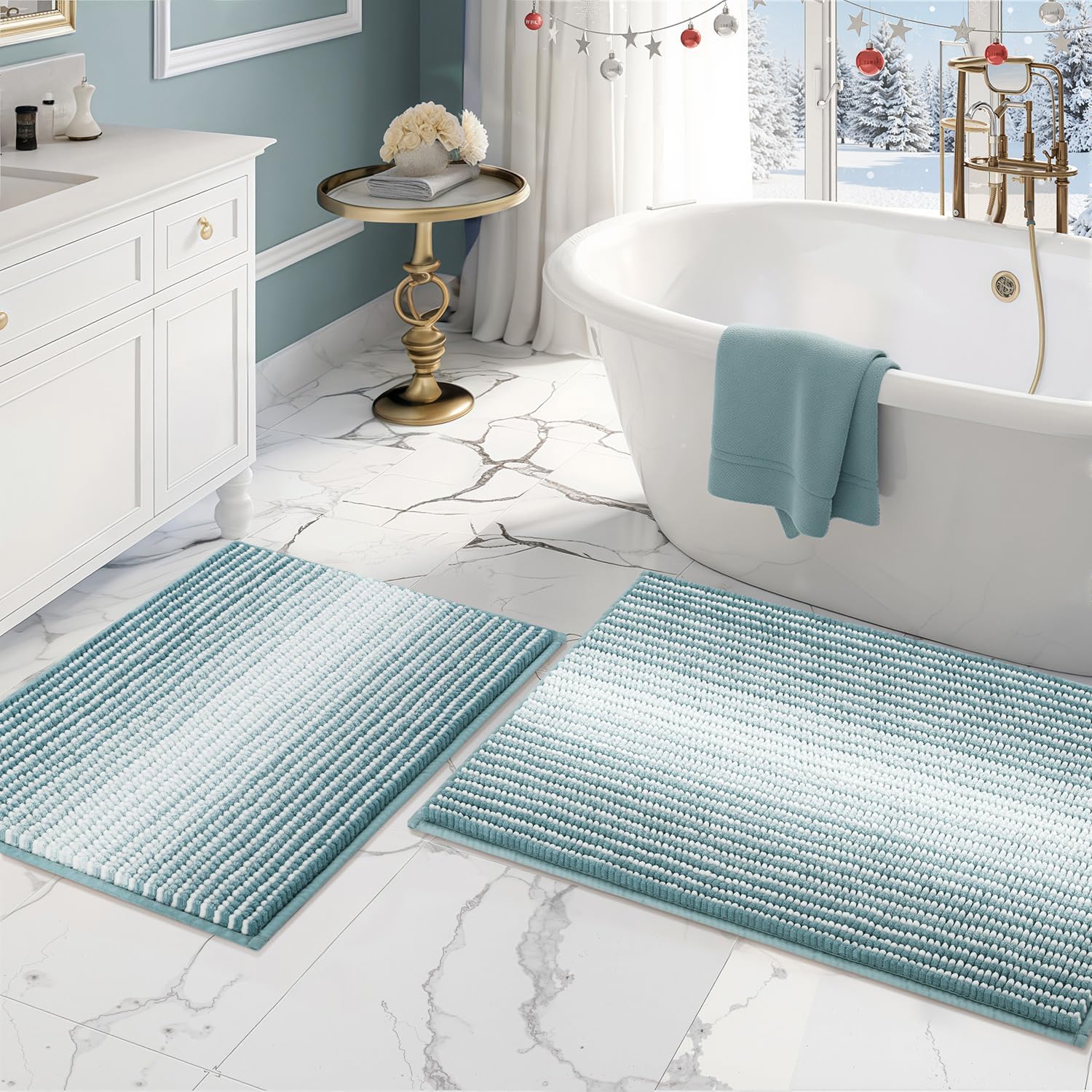 BSICPRO Bathroom Rugs and Mats Sets, 2 Piece Thick Absorbent Chenille Bath Mat Rug Set Non Slip, Soft Shaggy Bath Floor Mats for Bathroom, Machine Washable (20" x 47" Plus 16" x 24", Beige)