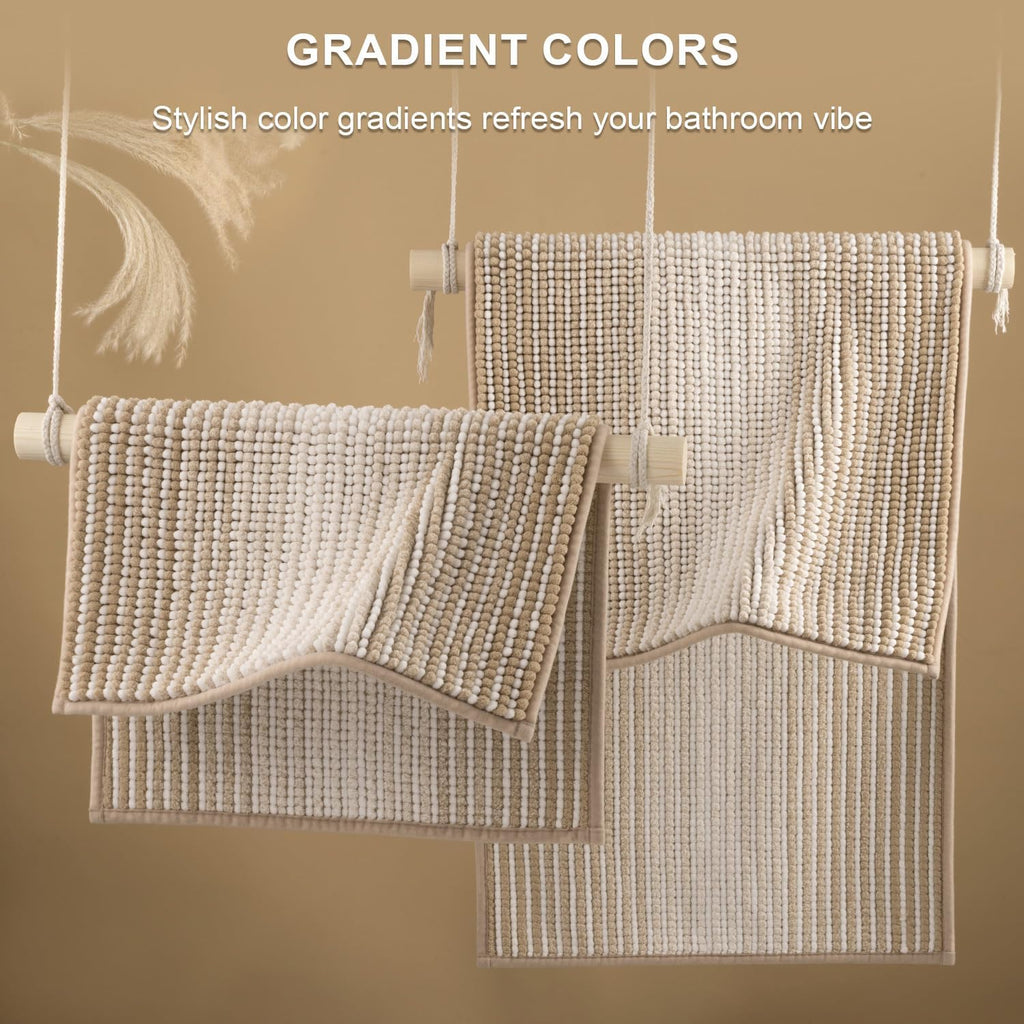 BSICPRO Bathroom Rugs and Mats Sets, 2 Piece Thick Absorbent Chenille Bath Mat Rug Set Non Slip, Soft Shaggy Bath Floor Mats for Bathroom, Machine Washable (20" x 47" Plus 16" x 24", Beige)