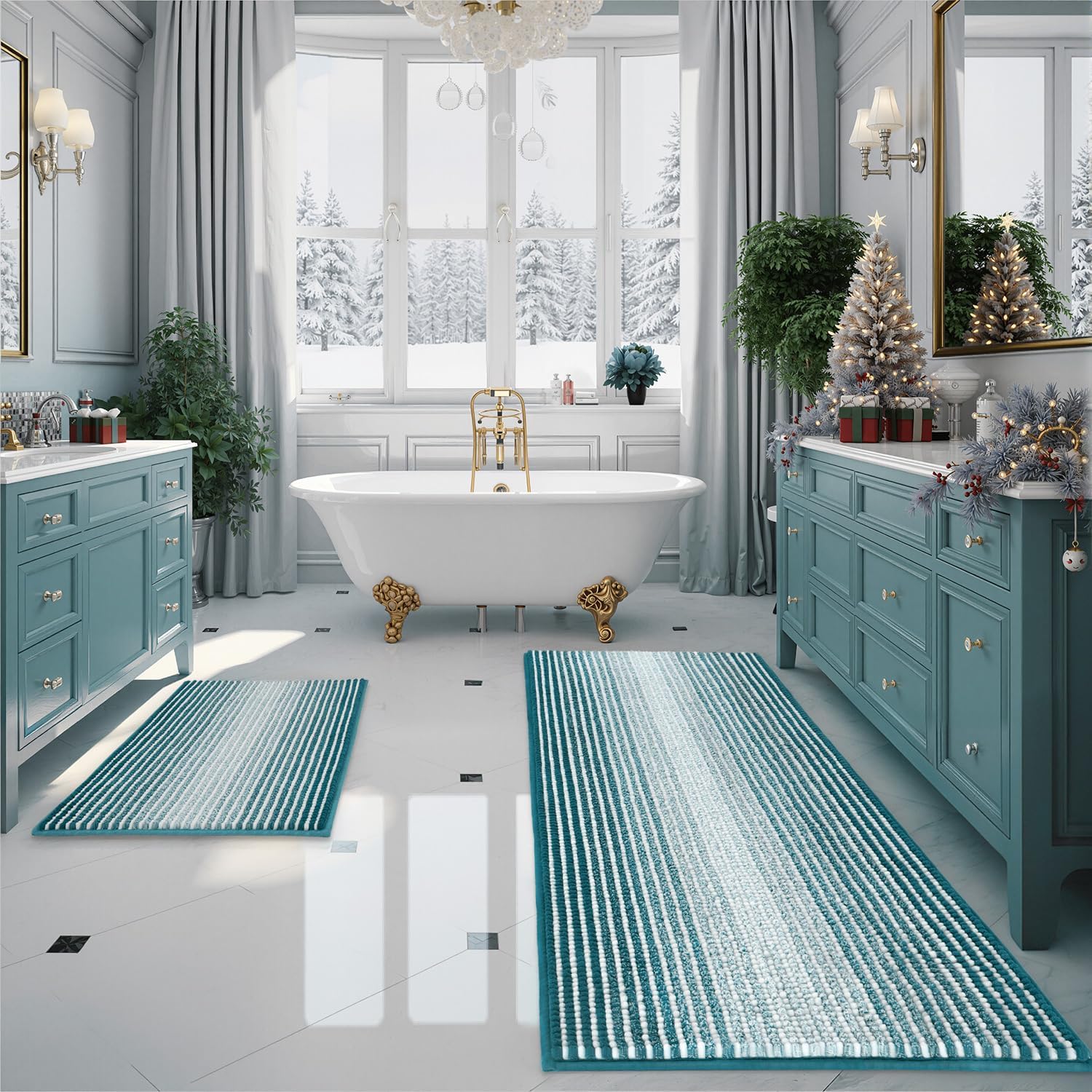 BSICPRO Bathroom Rugs and Mats Sets, 2 Piece Thick Absorbent Chenille Bath Mat Rug Set Non Slip, Soft Shaggy Bath Floor Mats for Bathroom, Machine Washable (20" x 47" Plus 16" x 24", Beige)