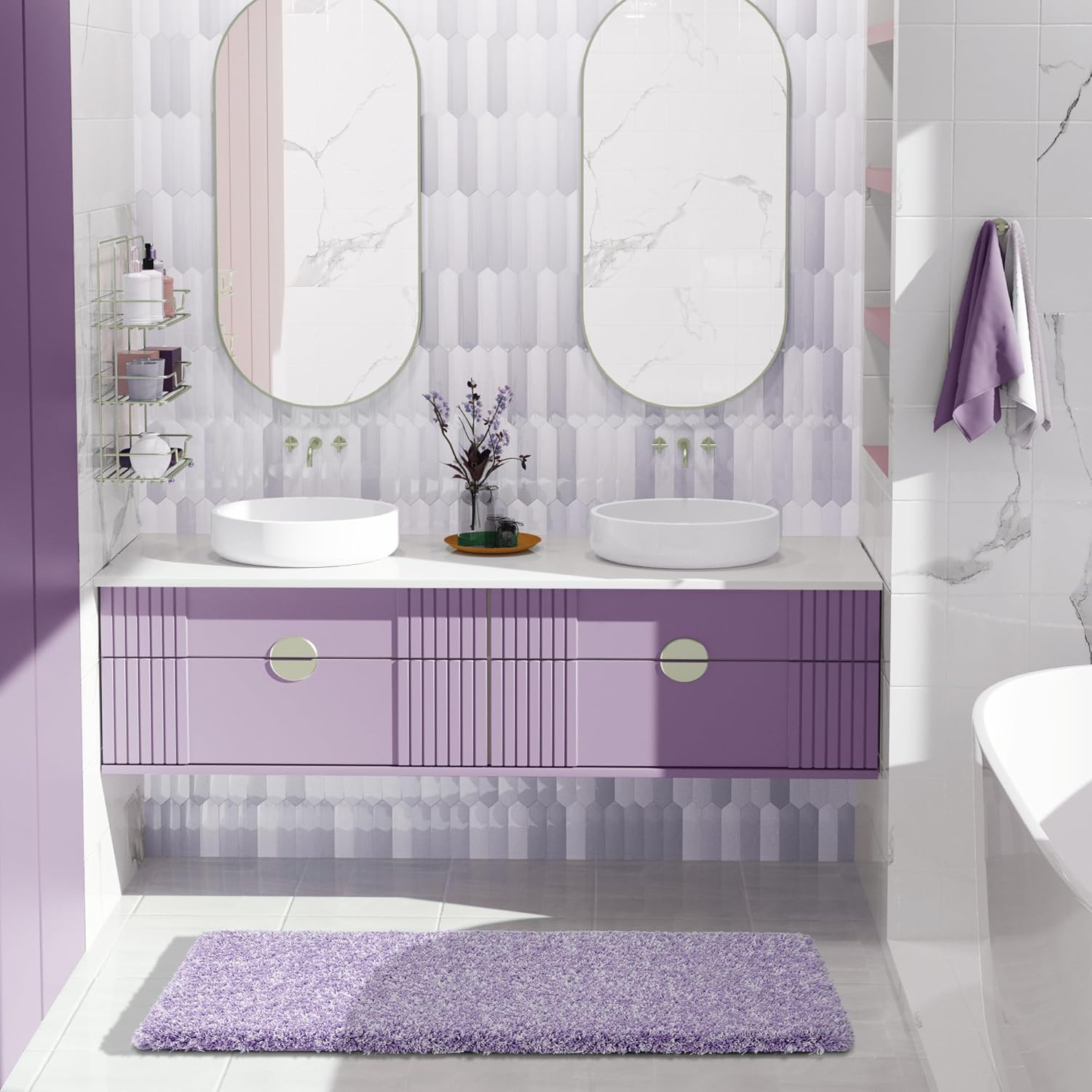 Yimobra Bathroom Rugs Non Slip Washable 36x24, Ultra Soft and Water Absorbent Bath Mats, Plush Fluffy Shower Mat Outside, Luxury Microfiber Thick Matts for Bathroom Floor/Tub, Light Gray and White