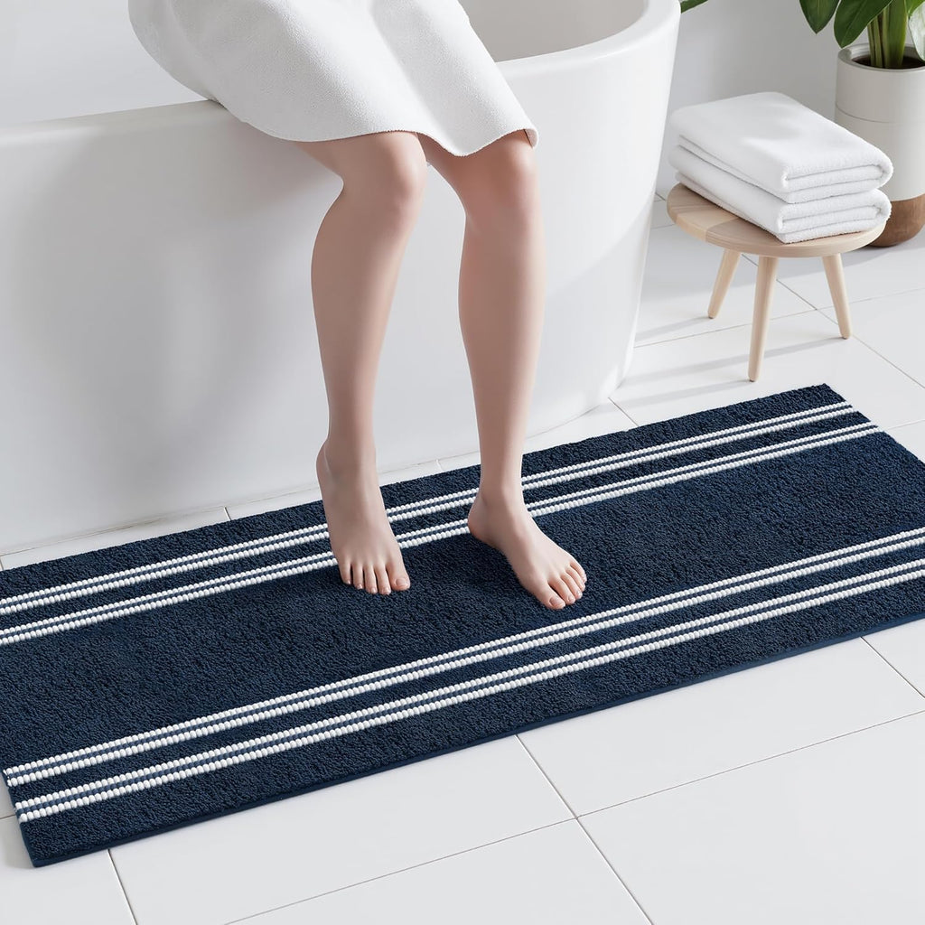 Bathroom Runner Rugs Non Slip Washable 24x60, Ultra Soft Super Absorbent Bath Rugs for Bathroom Floor, Shaggy Chenille Bath Rug, Microfiber Plush Quick Dry Bath Mat for Bathtub, Hallway, Navy