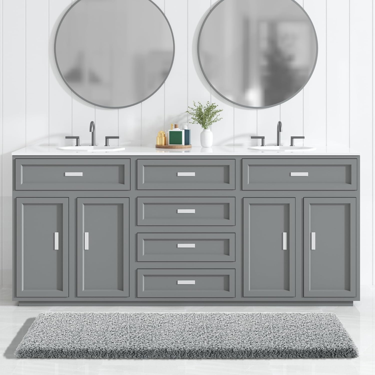 Yimobra Bathroom Rugs Non Slip Washable 36x24, Ultra Soft and Water Absorbent Bath Mats, Plush Fluffy Shower Mat Outside, Luxury Microfiber Thick Matts for Bathroom Floor/Tub, Light Gray and White