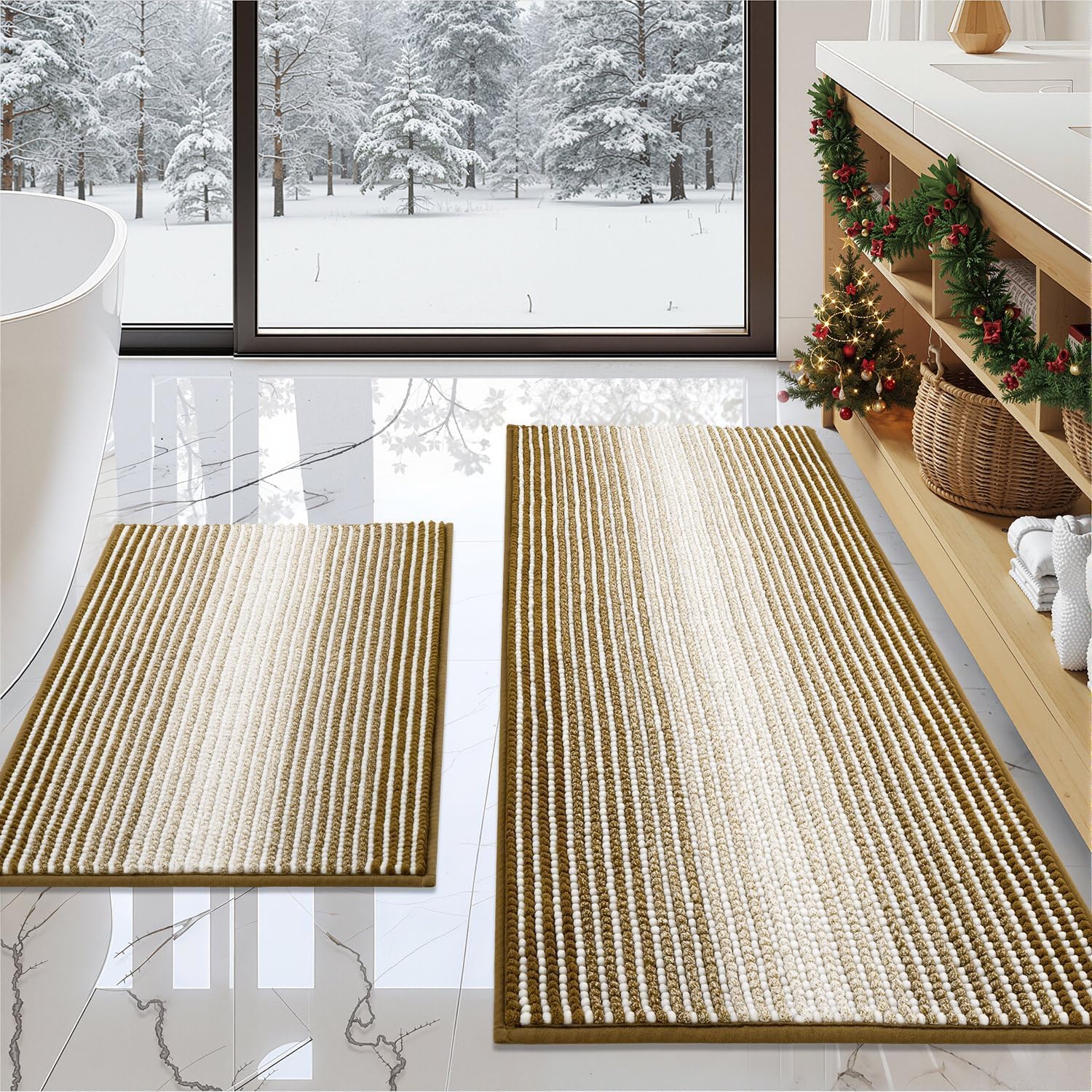 BSICPRO Bathroom Rugs and Mats Sets, 2 Piece Thick Absorbent Chenille Bath Mat Rug Set Non Slip, Soft Shaggy Bath Floor Mats for Bathroom, Machine Washable (20" x 47" Plus 16" x 24", Beige)