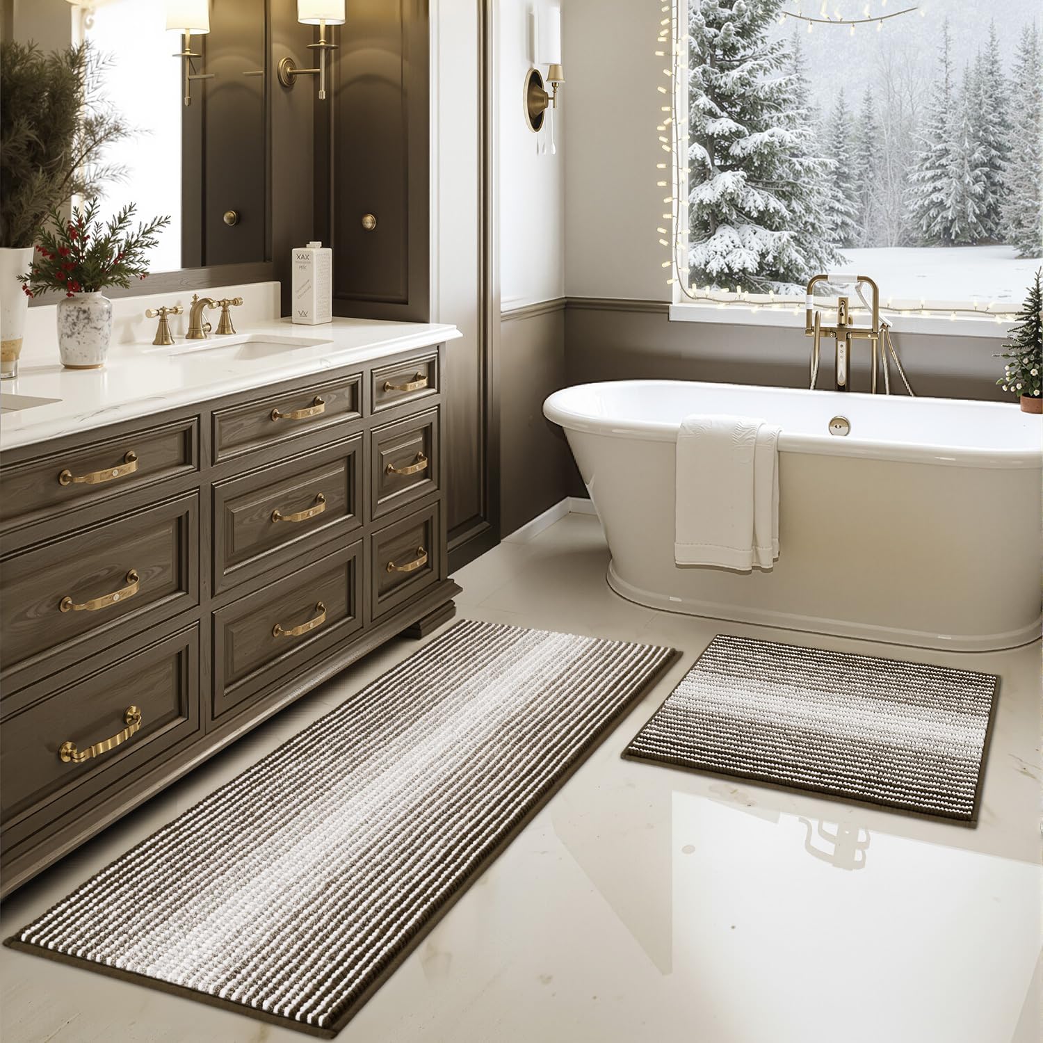 BSICPRO Bathroom Rugs and Mats Sets, 2 Piece Thick Absorbent Chenille Bath Mat Rug Set Non Slip, Soft Shaggy Bath Floor Mats for Bathroom, Machine Washable (20" x 47" Plus 16" x 24", Beige)