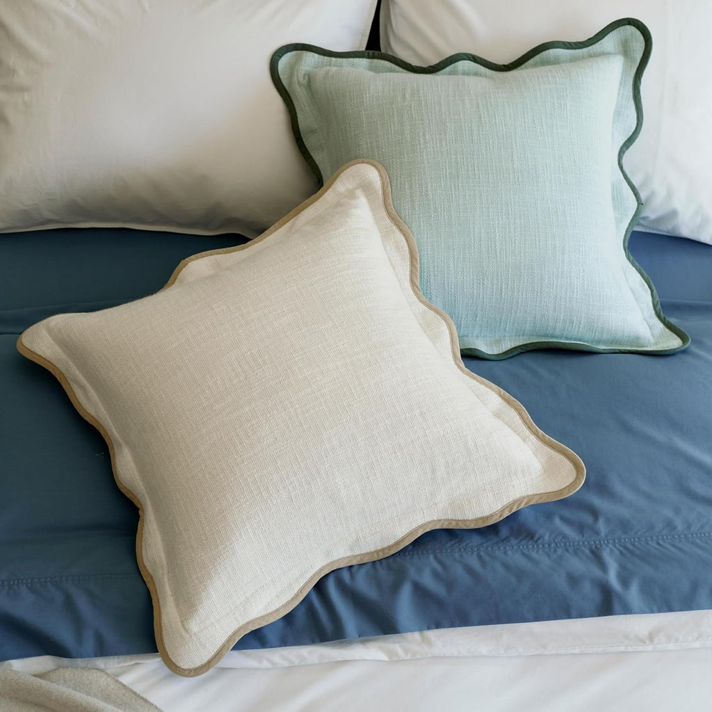 Double Stitch Scalloped Throw Pillow Covers - 100% Cotton Set of 2 Decorative Boho Pillow Covers 20 x 20, Made in India, Square Cushion Case, Modern Home Decor for Couch Sofa Living Room, Cream