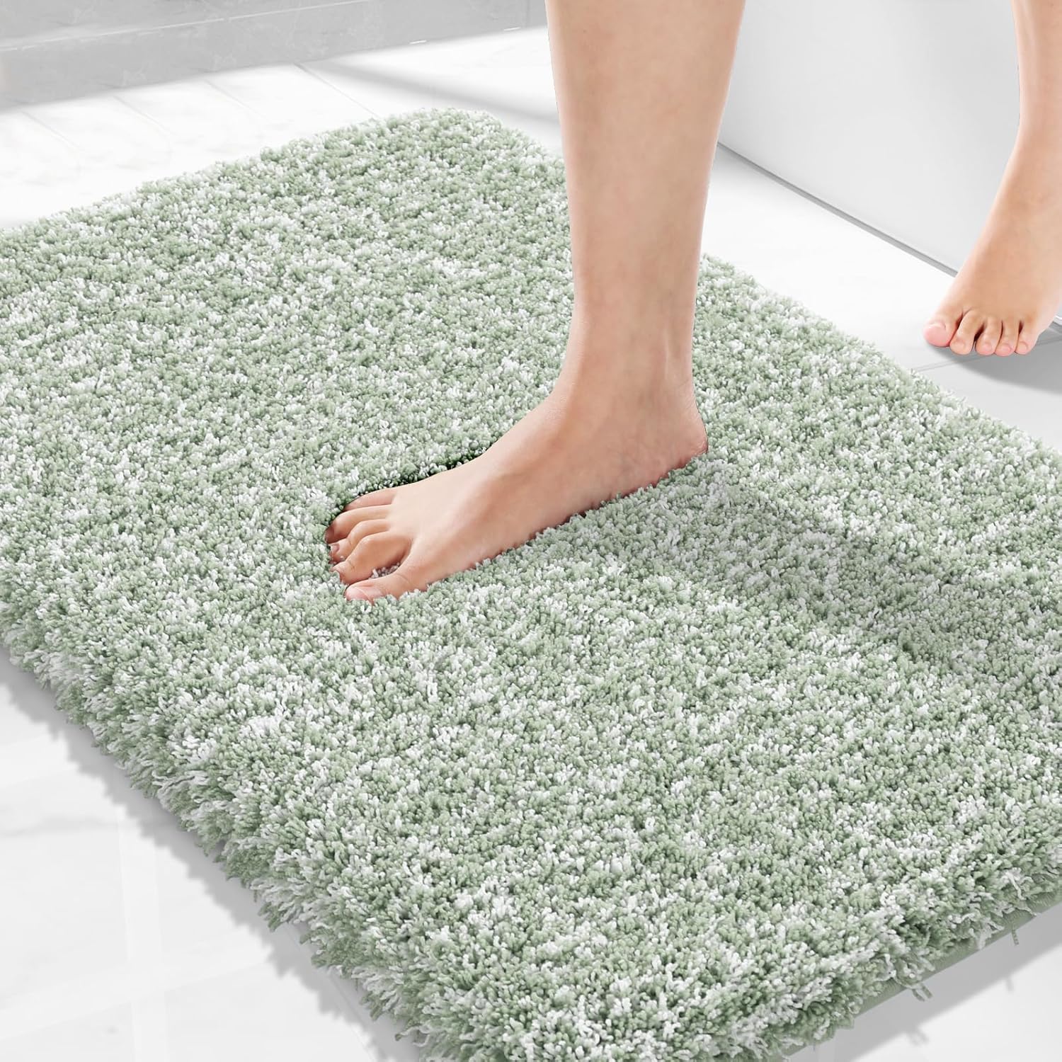 Yimobra Bathroom Rugs Non Slip Washable 36x24, Ultra Soft and Water Absorbent Bath Mats, Plush Fluffy Shower Mat Outside, Luxury Microfiber Thick Matts for Bathroom Floor/Tub, Light Gray and White