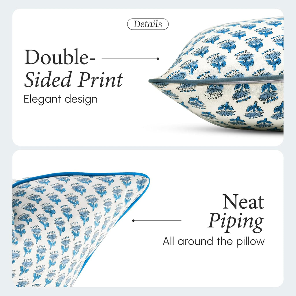 CPC 100% Cotton Throw Pillow Covers 18x18 Inch, Set of 2 Blue Block Print Pattern Couch Pillow, Cute Boho Decorative Pillows for Living Room, Bedroom with Hidden Zipper- Apatite Blue