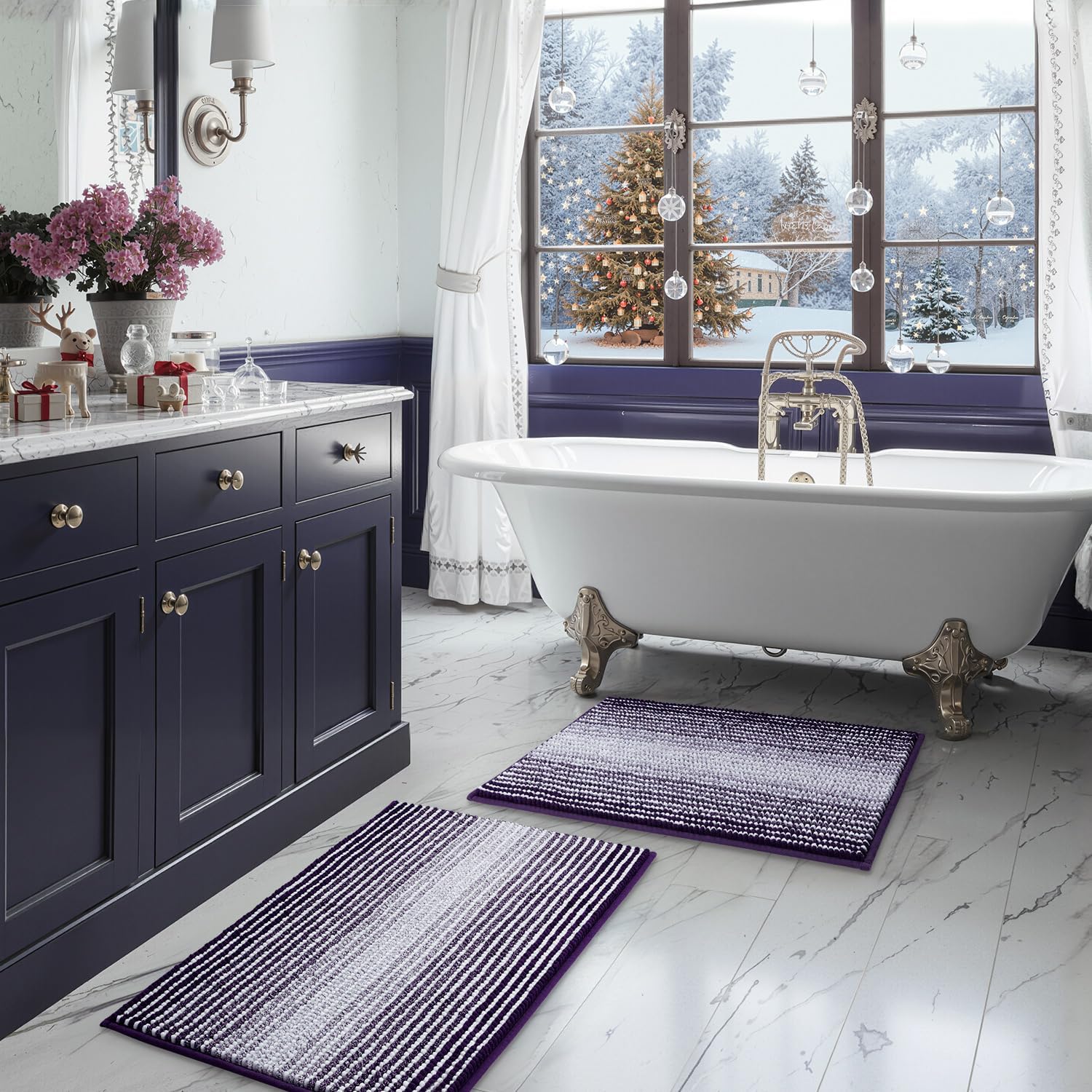 BSICPRO Bathroom Rugs and Mats Sets, 2 Piece Thick Absorbent Chenille Bath Mat Rug Set Non Slip, Soft Shaggy Bath Floor Mats for Bathroom, Machine Washable (20" x 47" Plus 16" x 24", Beige)