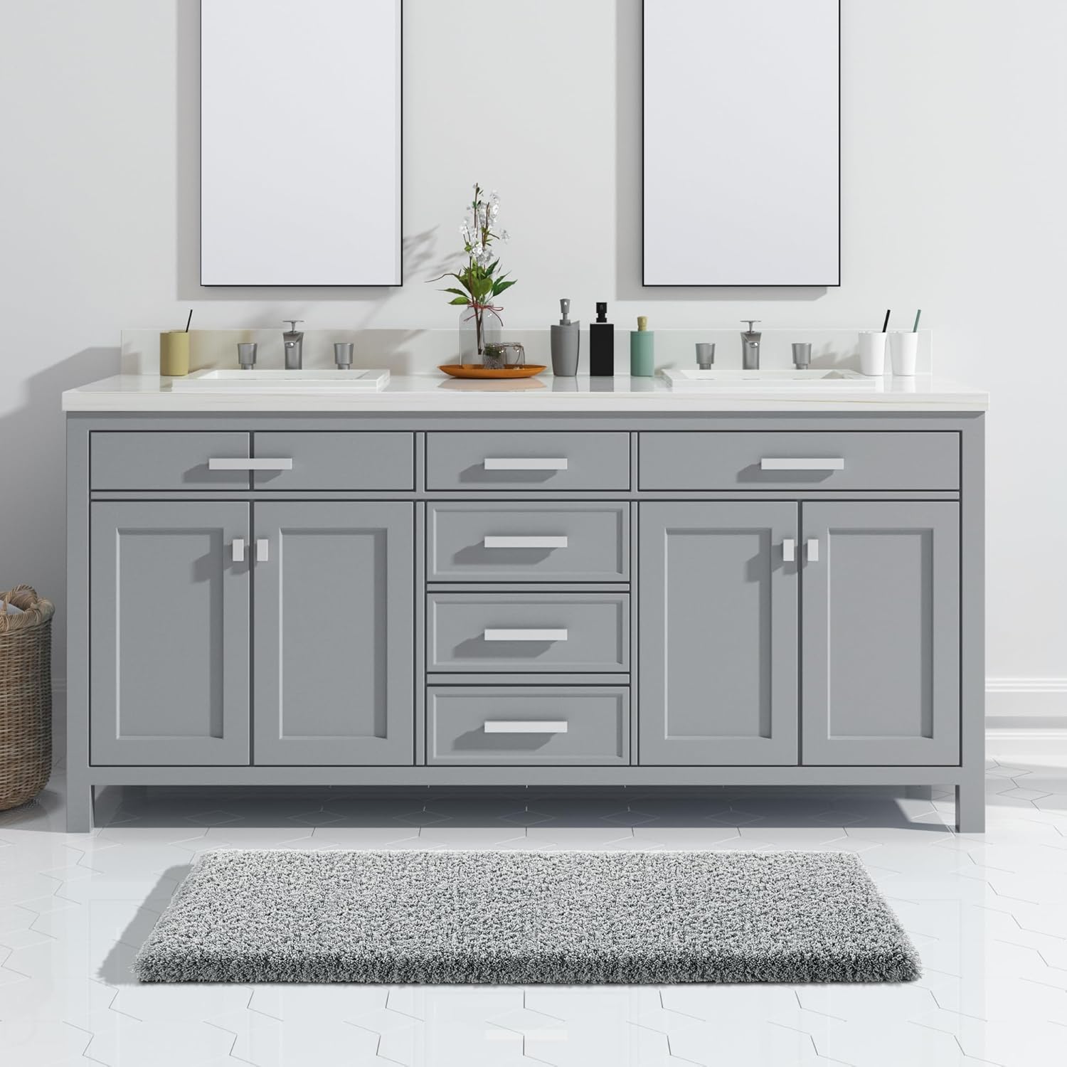 Yimobra Bathroom Rugs Non Slip Washable 36x24, Ultra Soft and Water Absorbent Bath Mats, Plush Fluffy Shower Mat Outside, Luxury Microfiber Thick Matts for Bathroom Floor/Tub, Light Gray and White