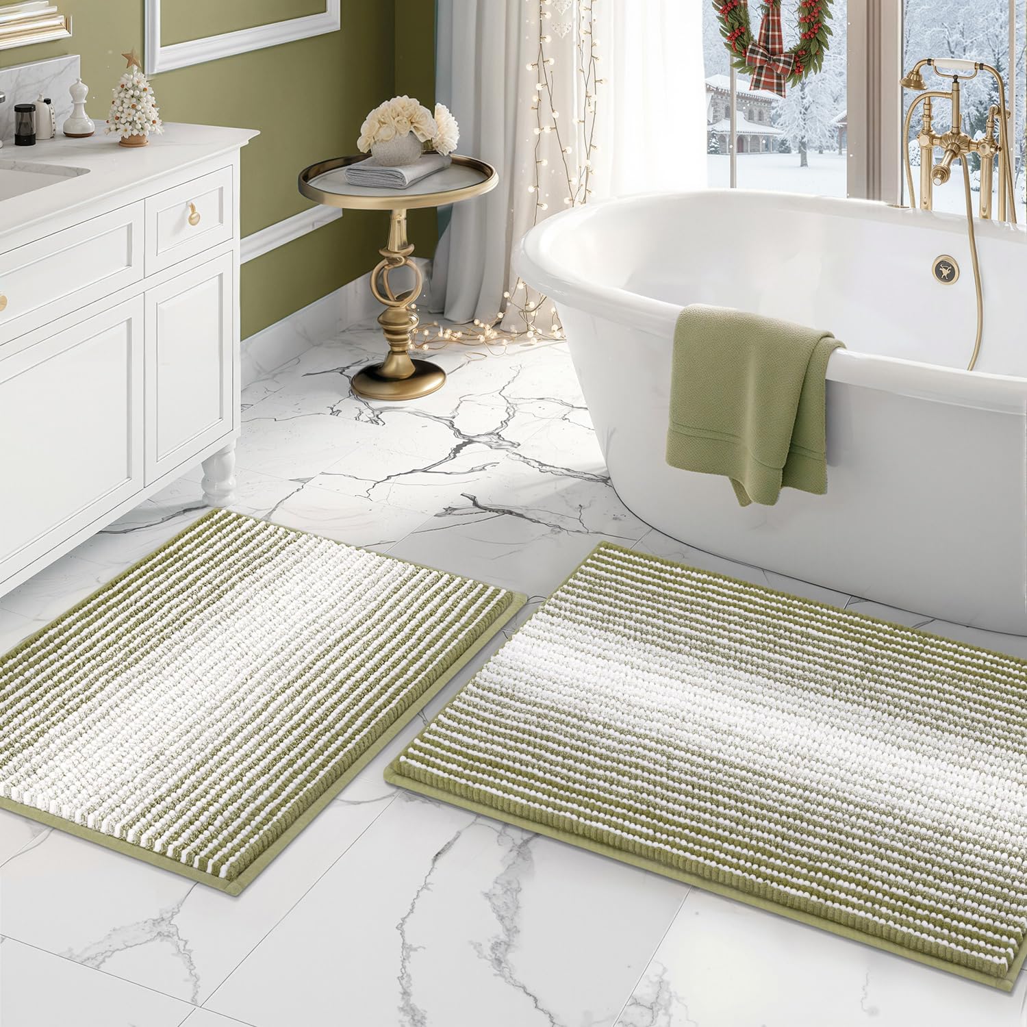 BSICPRO Bathroom Rugs and Mats Sets, 2 Piece Thick Absorbent Chenille Bath Mat Rug Set Non Slip, Soft Shaggy Bath Floor Mats for Bathroom, Machine Washable (20" x 47" Plus 16" x 24", Beige)