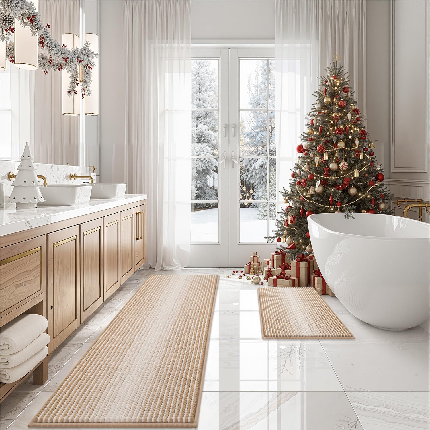 BSICPRO Bathroom Rugs and Mats Sets, 2 Piece Thick Absorbent Chenille Bath Mat Rug Set Non Slip, Soft Shaggy Bath Floor Mats for Bathroom, Machine Washable (20" x 47" Plus 16" x 24", Beige)