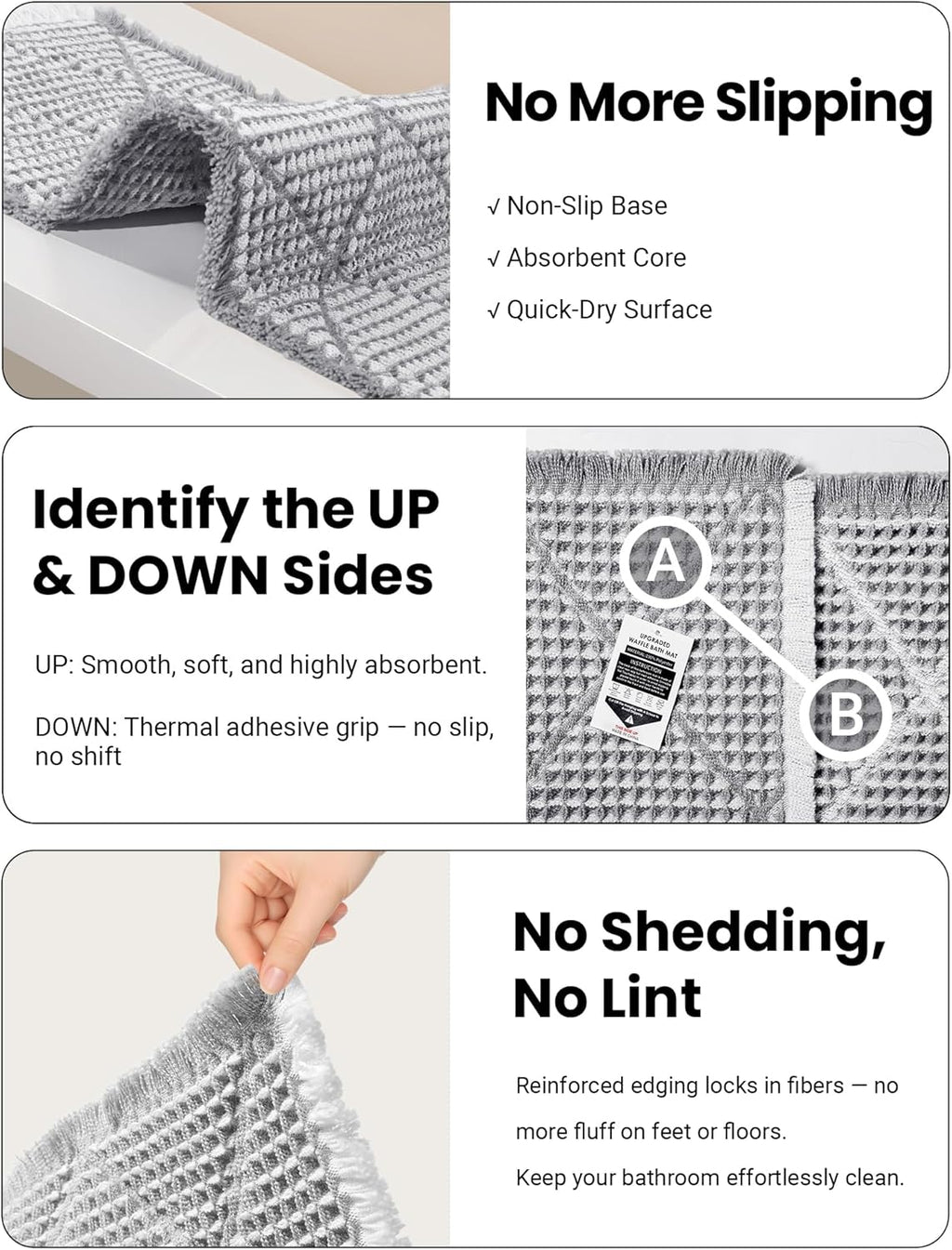 Waffle Bath Mat Set, Non Slip Bathroom Rugs Sets 2 Piece, Ultra Absorbent Long Bath Rug Runner for Bathroom Decor, Machine Washable Boho Mats, Grey & White, 20"×47" Plus 18"×30"