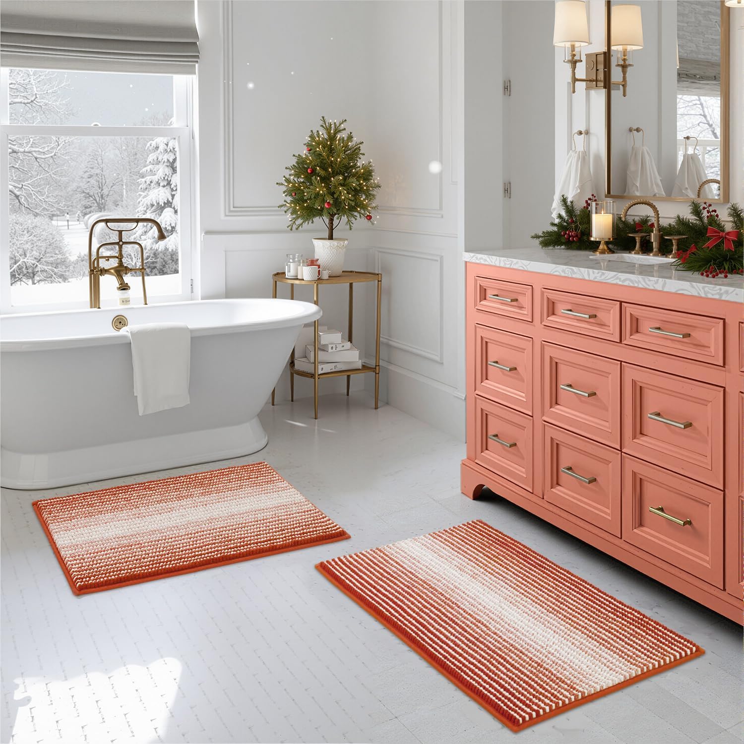 BSICPRO Bathroom Rugs and Mats Sets, 2 Piece Thick Absorbent Chenille Bath Mat Rug Set Non Slip, Soft Shaggy Bath Floor Mats for Bathroom, Machine Washable (20" x 47" Plus 16" x 24", Beige)