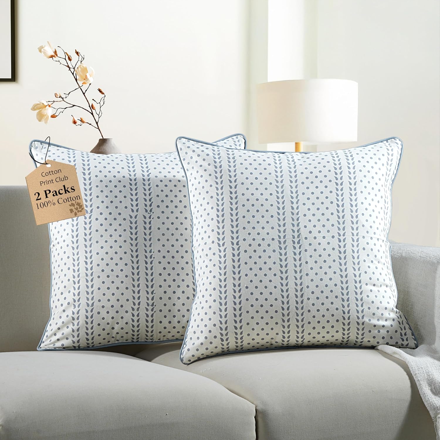 CPC 100% Cotton Throw Pillow Covers 18x18 Inch, Set of 2 Blue Block Print Pattern Couch Pillow, Cute Boho Decorative Pillows for Living Room, Bedroom with Hidden Zipper- Apatite Blue