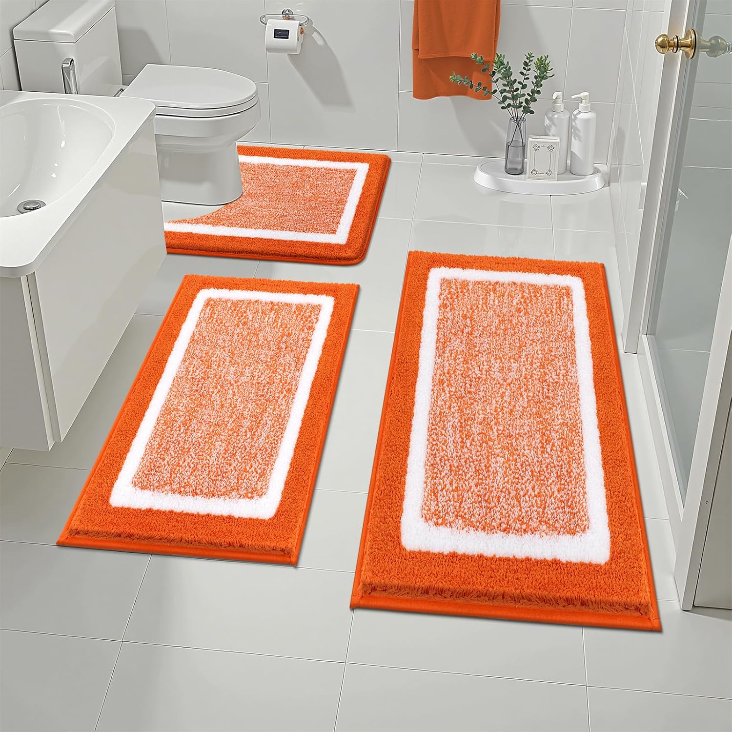Pauwer Bathroom Rug Mat Set 3 Piece, Microfiber Shaggy Bath Set, Non-Slip Ultra Soft Carpet Mats, Absorbent with U-Shaped Toilet for Bathroom, Tub, Shower, Dark Grey