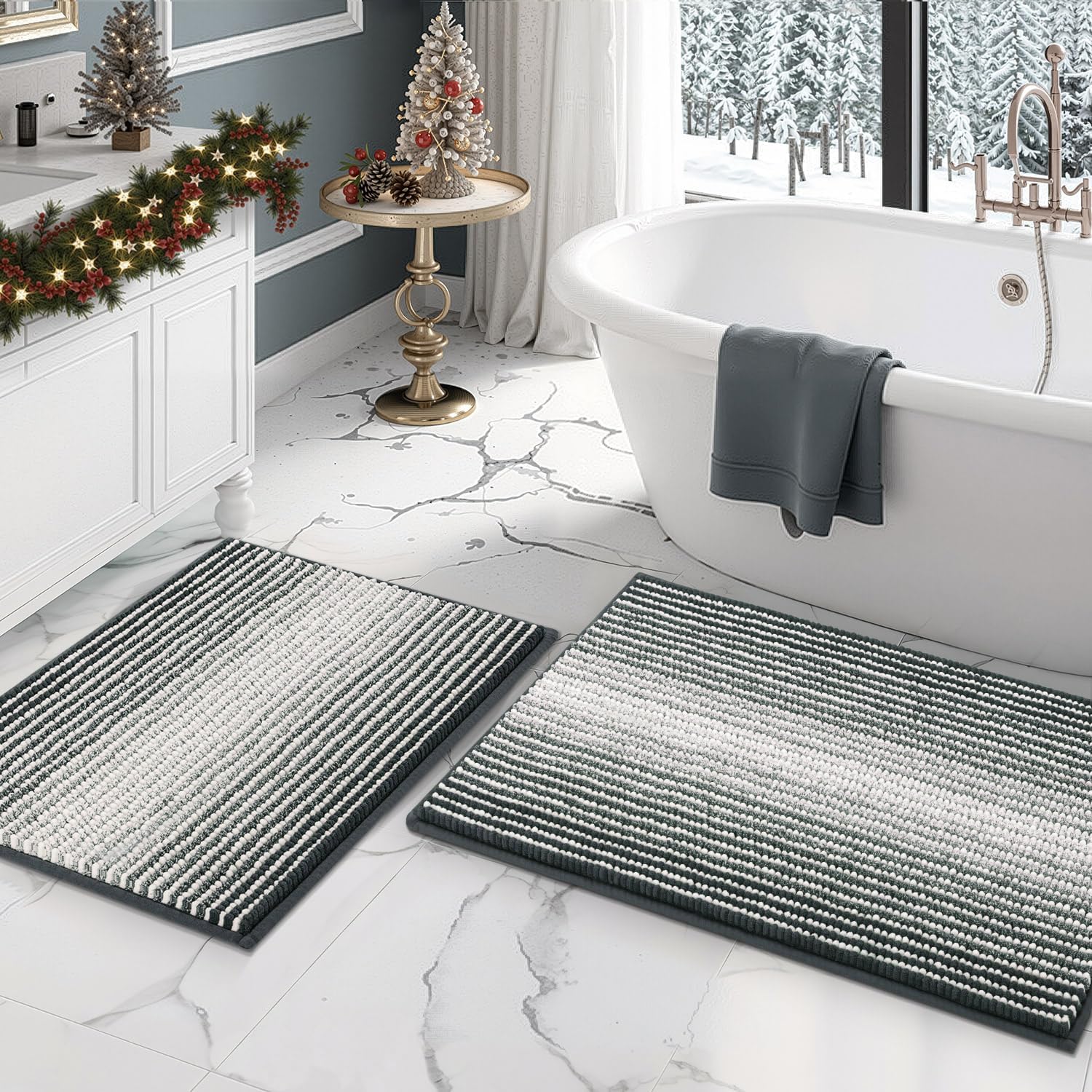 BSICPRO Bathroom Rugs and Mats Sets, 2 Piece Thick Absorbent Chenille Bath Mat Rug Set Non Slip, Soft Shaggy Bath Floor Mats for Bathroom, Machine Washable (20" x 47" Plus 16" x 24", Beige)