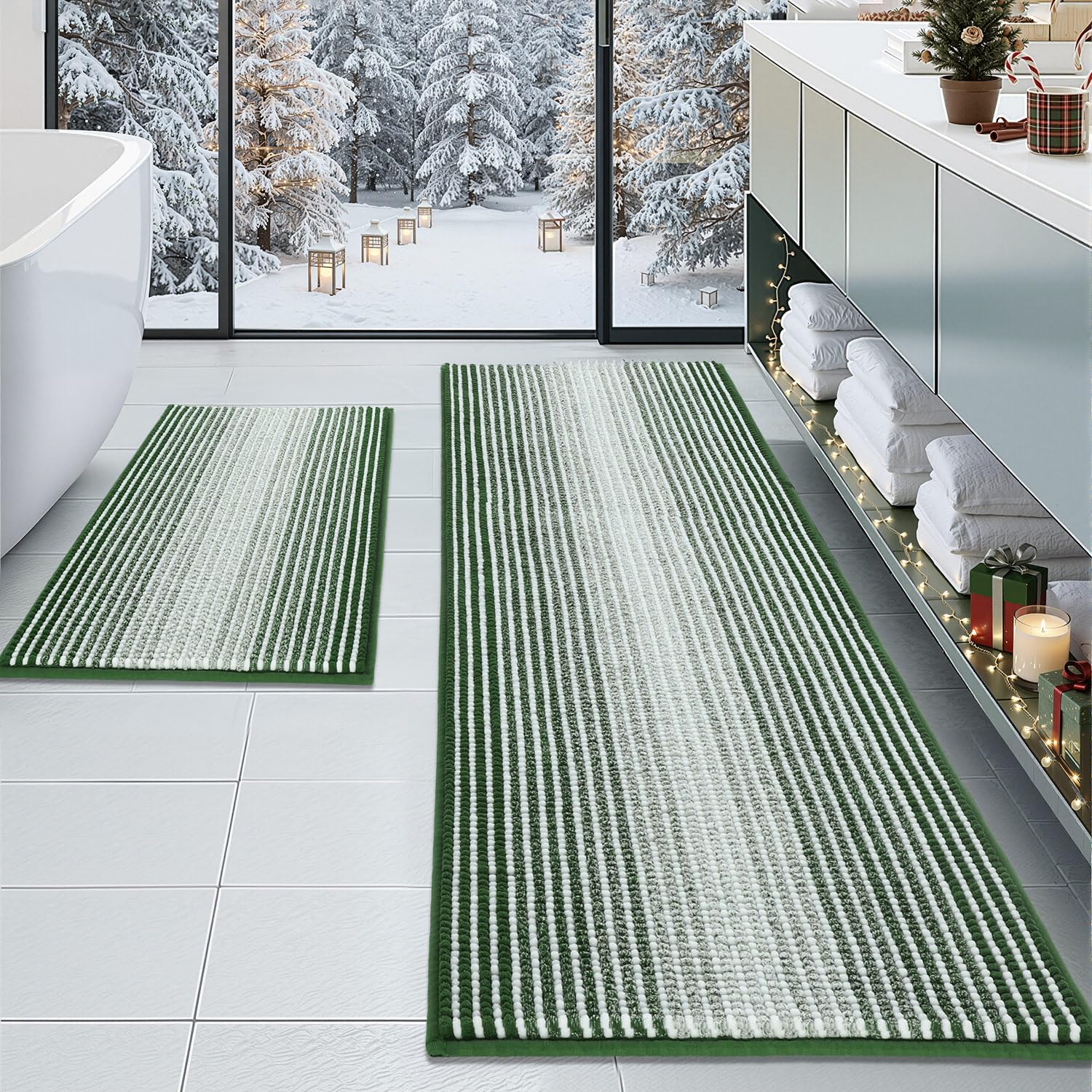 BSICPRO Bathroom Rugs and Mats Sets, 2 Piece Thick Absorbent Chenille Bath Mat Rug Set Non Slip, Soft Shaggy Bath Floor Mats for Bathroom, Machine Washable (20" x 47" Plus 16" x 24", Beige)