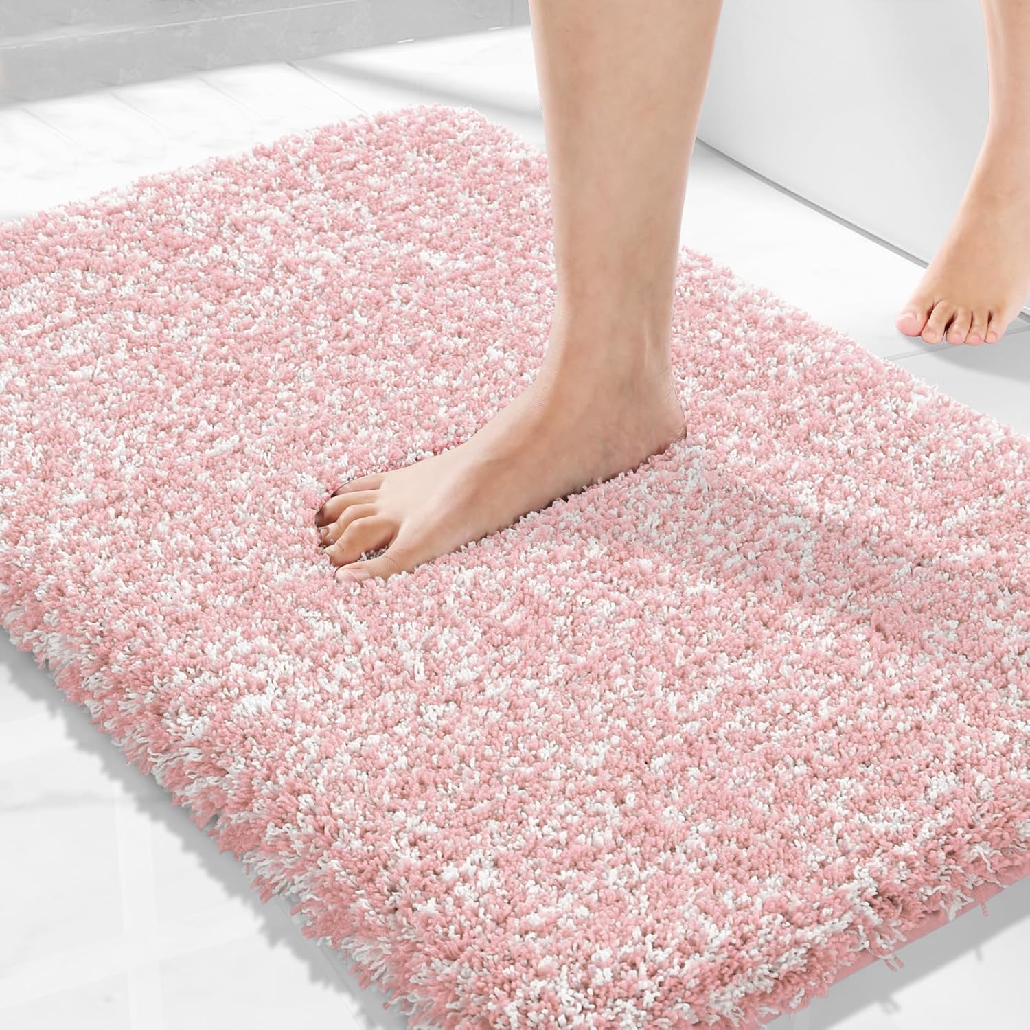 Yimobra Bathroom Rugs Non Slip Washable 36x24, Ultra Soft and Water Absorbent Bath Mats, Plush Fluffy Shower Mat Outside, Luxury Microfiber Thick Matts for Bathroom Floor/Tub, Light Gray and White