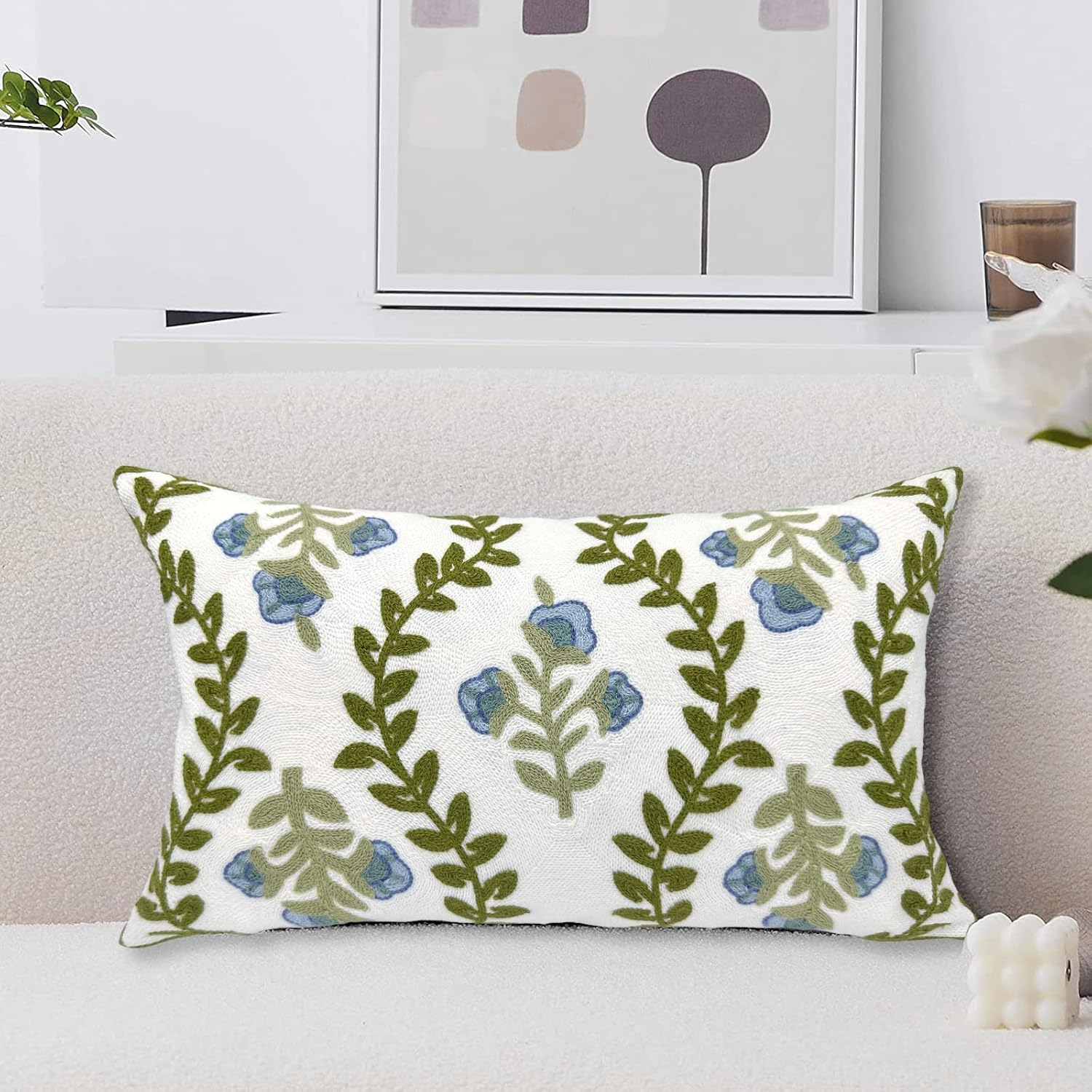 Alysheer Floral Embroidered Summer Decorative Throw Pillow Covers 20"x 20" Set of 2, Farmhouse Cottage Navy Blue Green Flowers Leaves Knit Pattern Cotton Canvas Cushion Case for Couch Bed Living Room