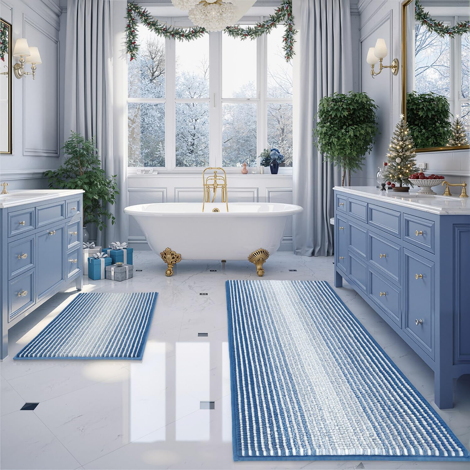 BSICPRO Bathroom Rugs and Mats Sets, 2 Piece Thick Absorbent Chenille Bath Mat Rug Set Non Slip, Soft Shaggy Bath Floor Mats for Bathroom, Machine Washable (20" x 47" Plus 16" x 24", Beige)