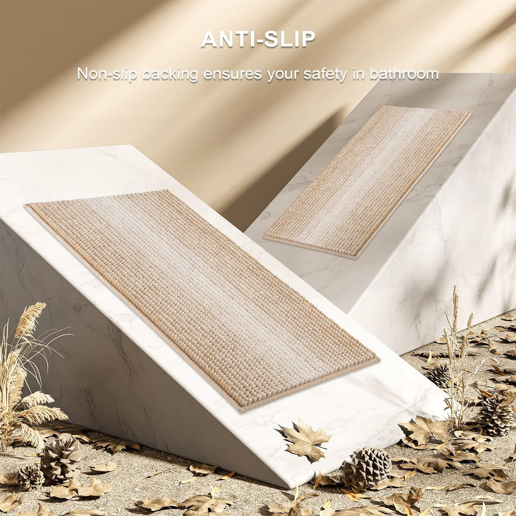 BSICPRO Bathroom Rugs and Mats Sets, 2 Piece Thick Absorbent Chenille Bath Mat Rug Set Non Slip, Soft Shaggy Bath Floor Mats for Bathroom, Machine Washable (20" x 47" Plus 16" x 24", Beige)