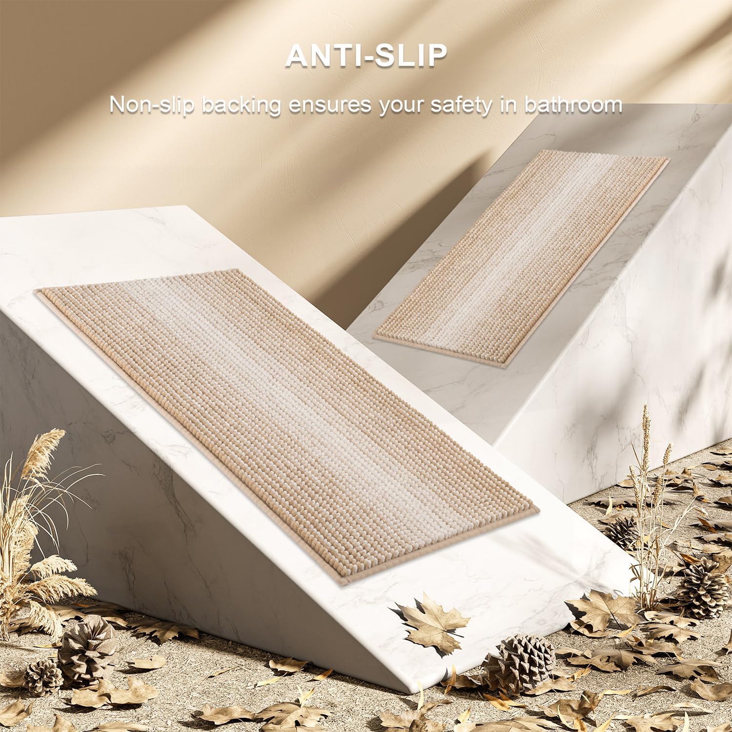 BSICPRO Bathroom Rugs and Mats Sets, 2 Piece Thick Absorbent Chenille Bath Mat Rug Set Non Slip, Soft Shaggy Bath Floor Mats for Bathroom, Machine Washable (20" x 47" Plus 16" x 24", Beige)