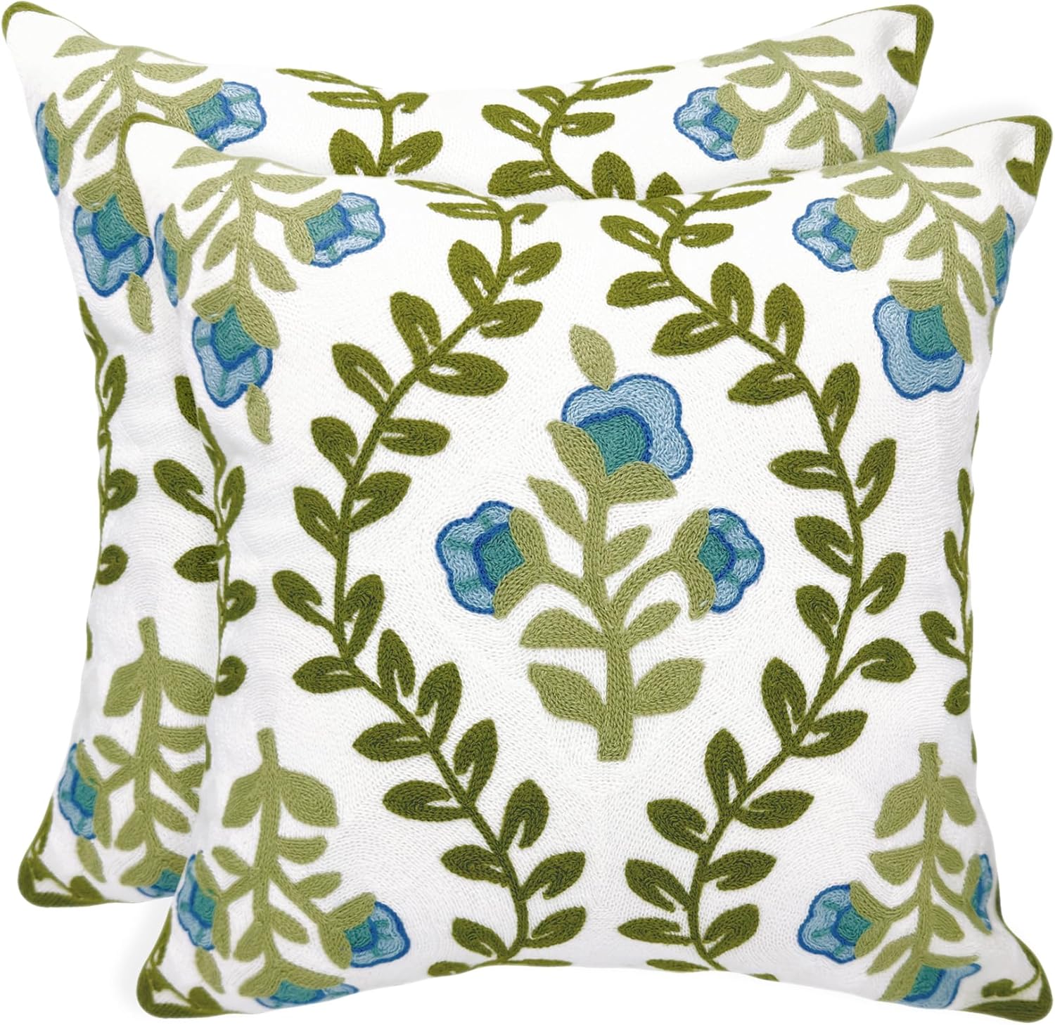 Alysheer Floral Embroidered Summer Decorative Throw Pillow Covers 20"x 20" Set of 2, Farmhouse Cottage Navy Blue Green Flowers Leaves Knit Pattern Cotton Canvas Cushion Case for Couch Bed Living Room