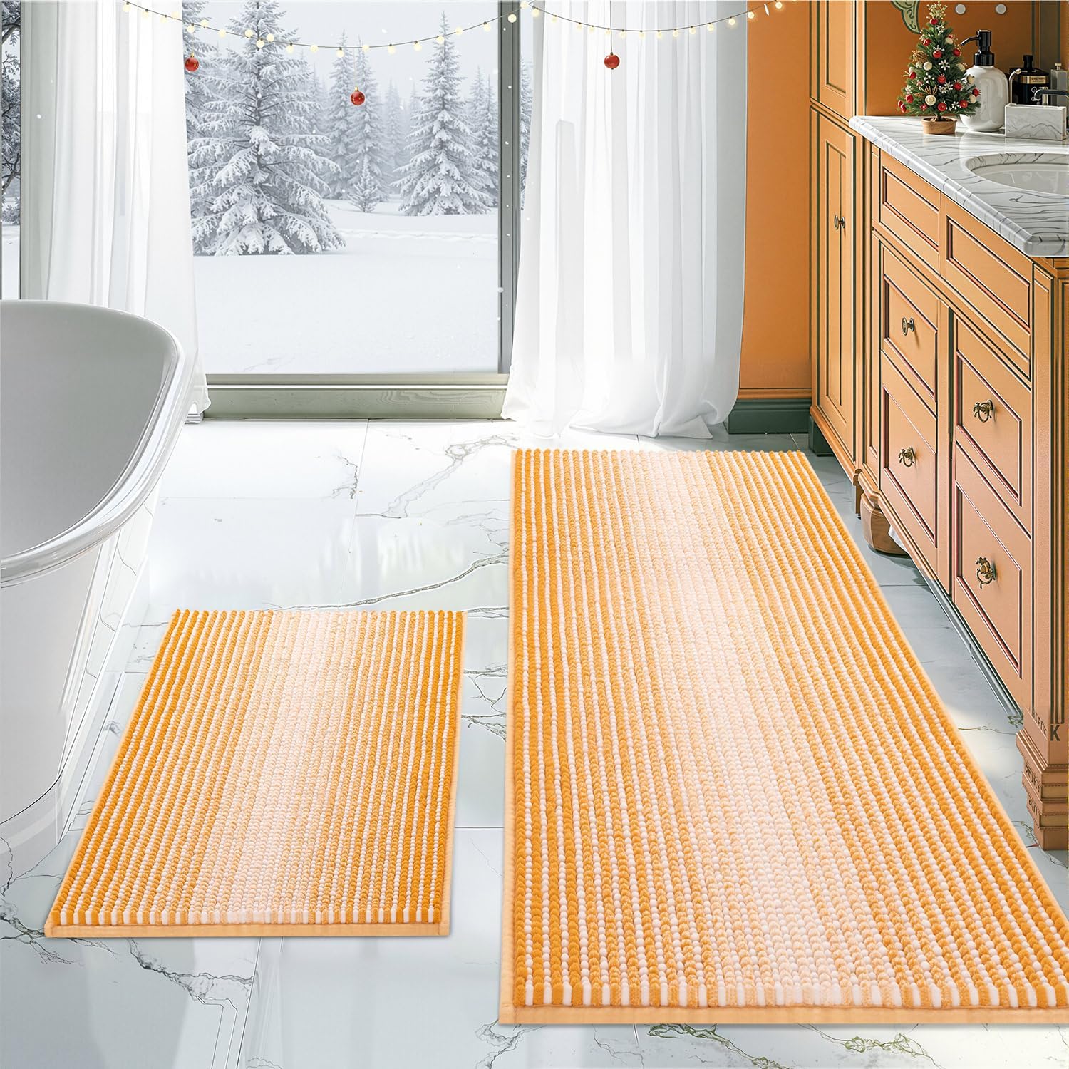 BSICPRO Bathroom Rugs and Mats Sets, 2 Piece Thick Absorbent Chenille Bath Mat Rug Set Non Slip, Soft Shaggy Bath Floor Mats for Bathroom, Machine Washable (20" x 47" Plus 16" x 24", Beige)