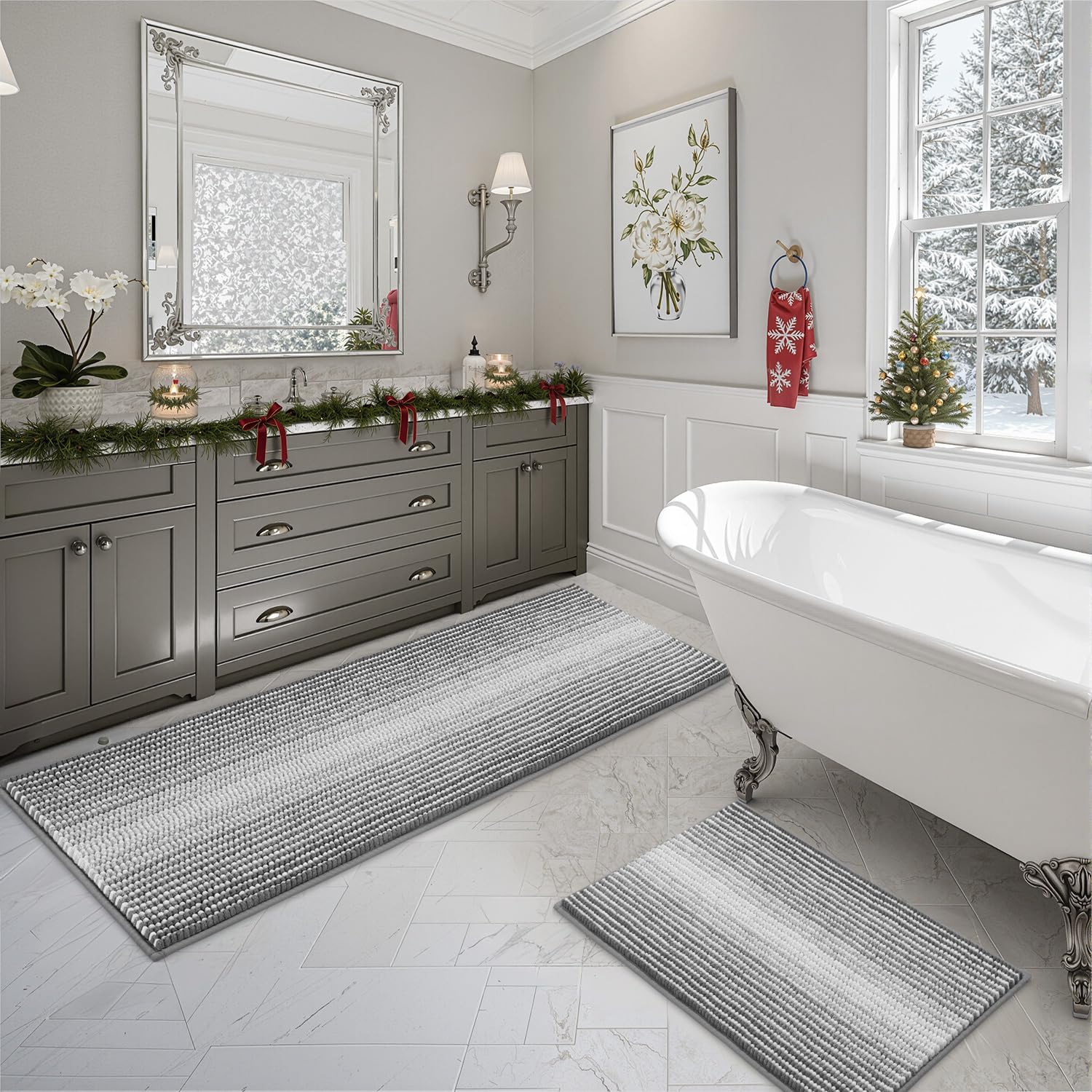 BSICPRO Bathroom Rugs and Mats Sets, 2 Piece Thick Absorbent Chenille Bath Mat Rug Set Non Slip, Soft Shaggy Bath Floor Mats for Bathroom, Machine Washable (20" x 47" Plus 16" x 24", Beige)