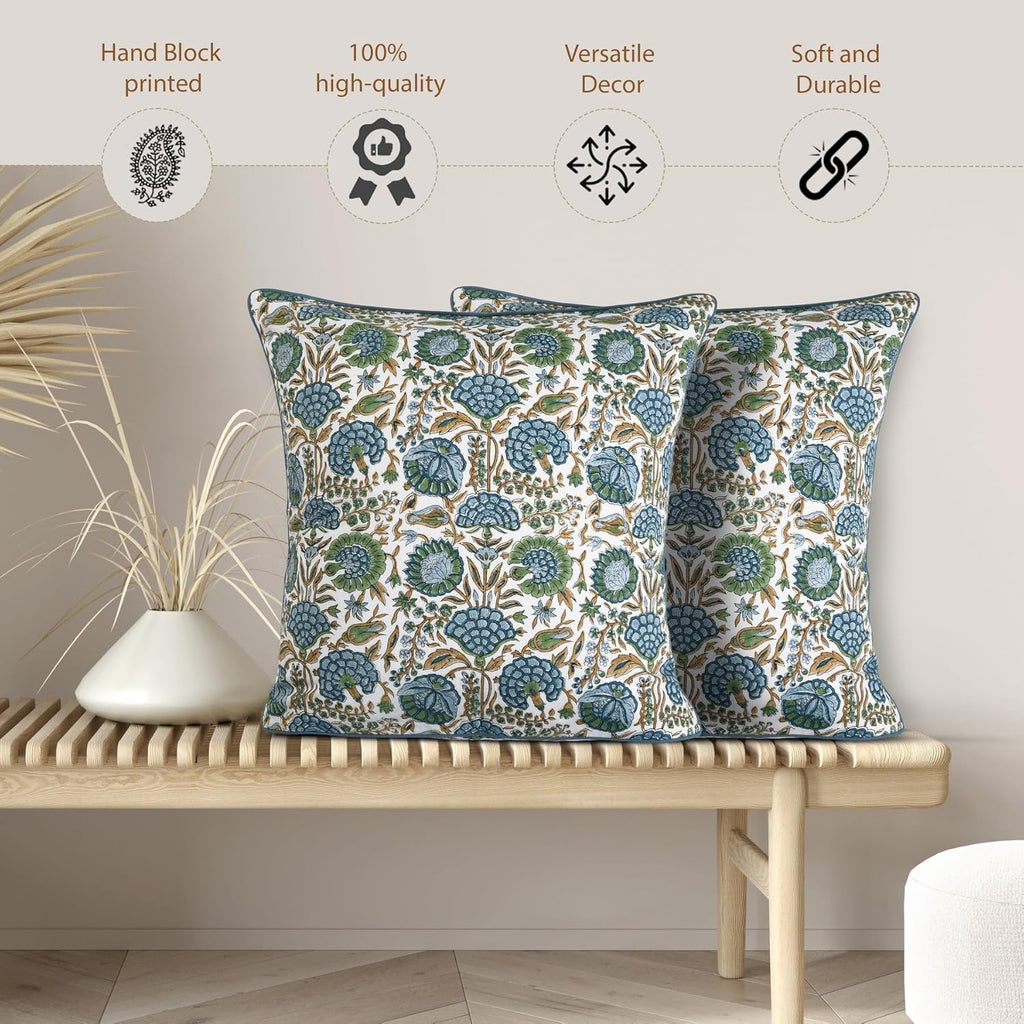 Ridhi Asparagus Green Print Cotton Throw Pillow Covers for Decorative Couch Pillows for Living Room, Chic Boho Cute Outdoor Thanksgiving Pillows Covers Gifts 20x20 Inches