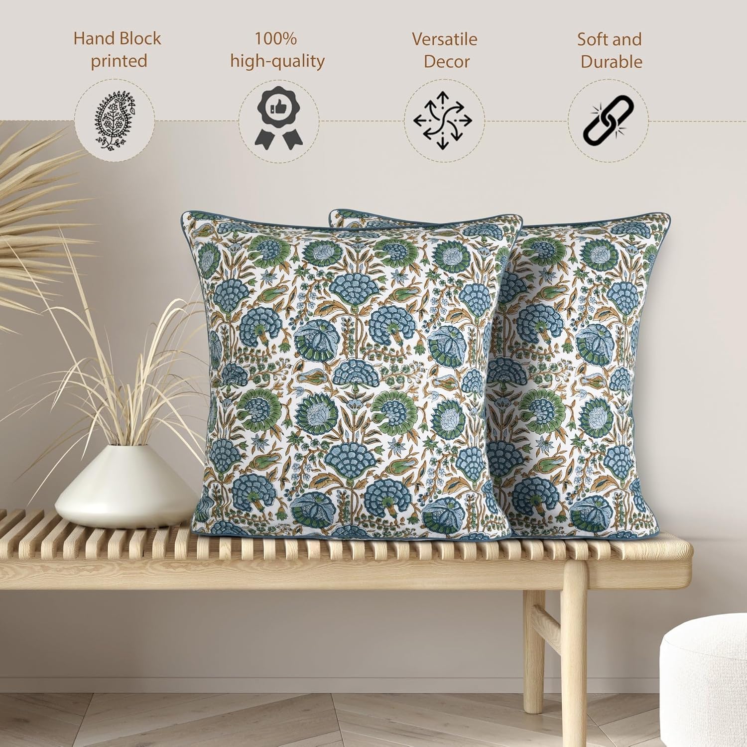 Ridhi Asparagus Green Print Cotton Throw Pillow Covers for Decorative Couch Pillows for Living Room, Chic Boho Cute Outdoor Thanksgiving Pillows Covers Gifts 20x20 Inches