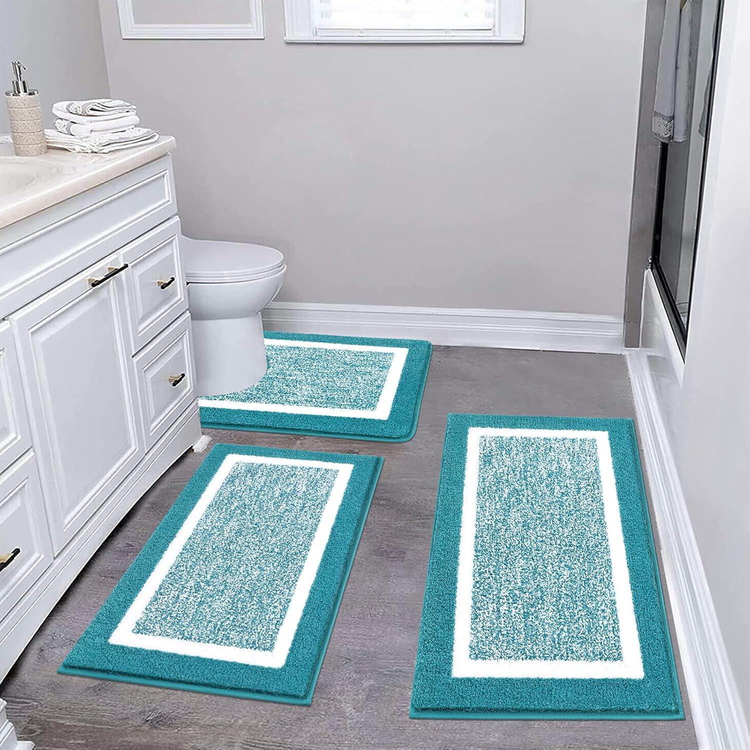Pauwer Bathroom Rug Mat Set 3 Piece, Microfiber Shaggy Bath Set, Non-Slip Ultra Soft Carpet Mats, Absorbent with U-Shaped Toilet for Bathroom, Tub, Shower, Dark Grey