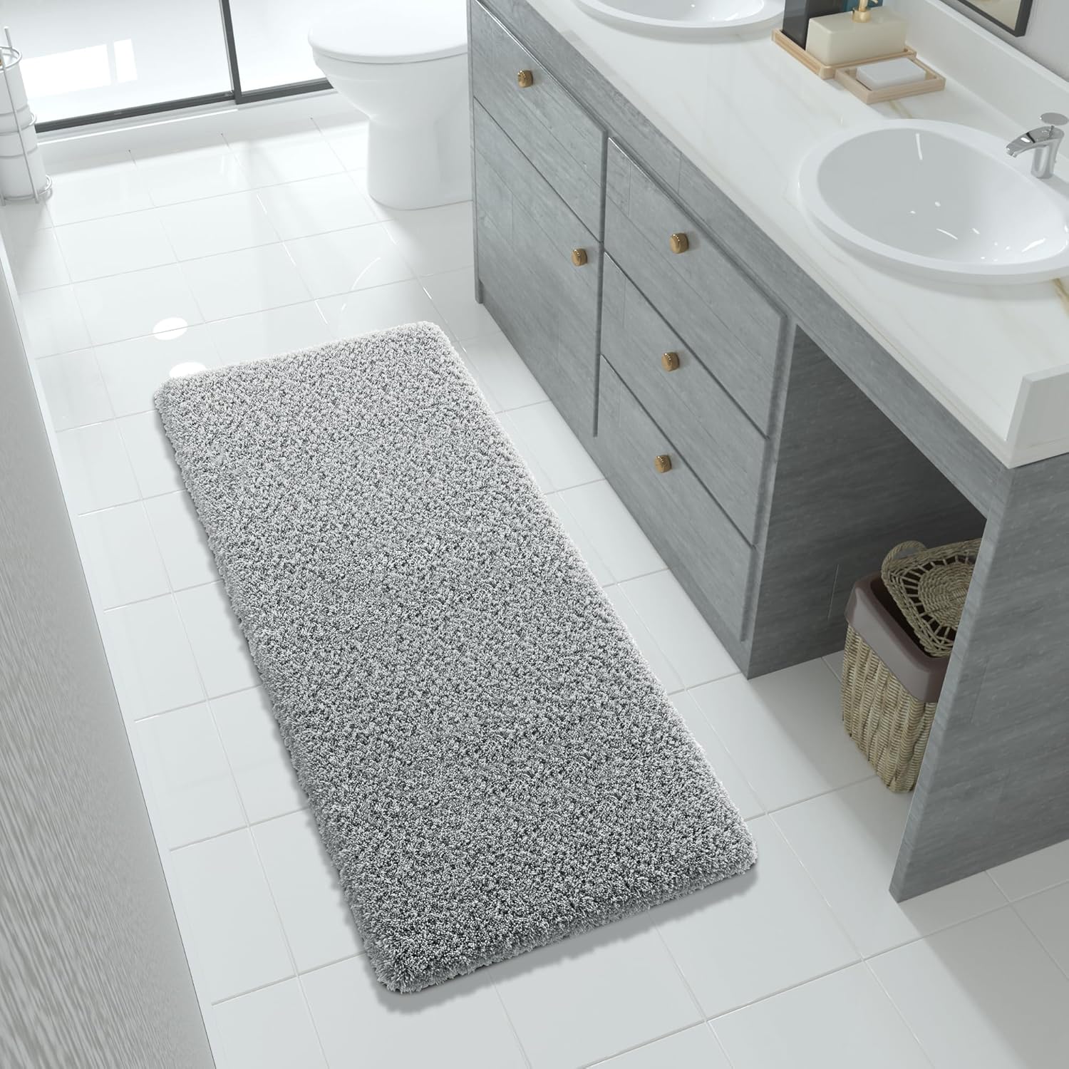 Yimobra Bathroom Rugs Non Slip Washable 36x24, Ultra Soft and Water Absorbent Bath Mats, Plush Fluffy Shower Mat Outside, Luxury Microfiber Thick Matts for Bathroom Floor/Tub, Light Gray and White