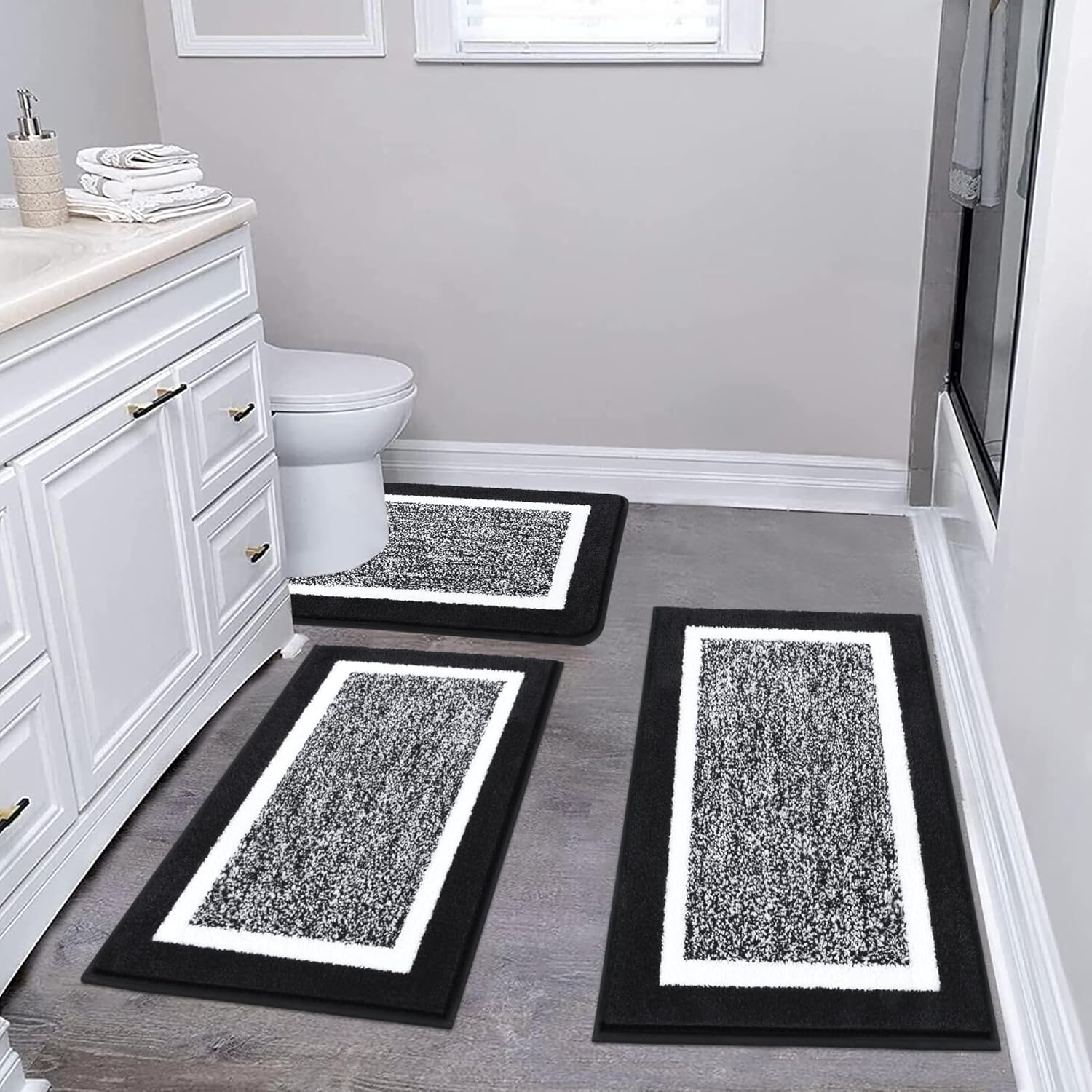 Pauwer Bathroom Rug Mat Set 3 Piece, Microfiber Shaggy Bath Set, Non-Slip Ultra Soft Carpet Mats, Absorbent with U-Shaped Toilet for Bathroom, Tub, Shower, Dark Grey