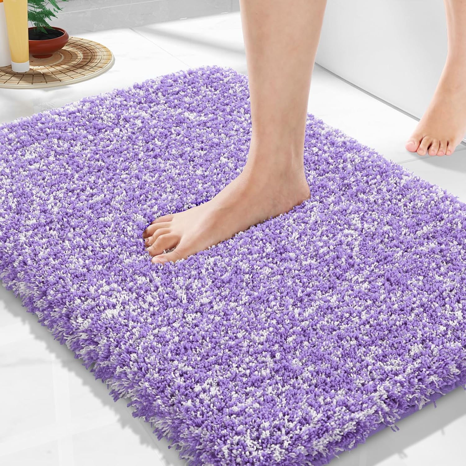 Yimobra Bathroom Rugs Non Slip Washable 36x24, Ultra Soft and Water Absorbent Bath Mats, Plush Fluffy Shower Mat Outside, Luxury Microfiber Thick Matts for Bathroom Floor/Tub, Light Gray and White
